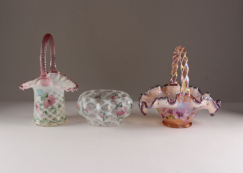 Hand-Painted Fenton Art Glass Baskets and Dish