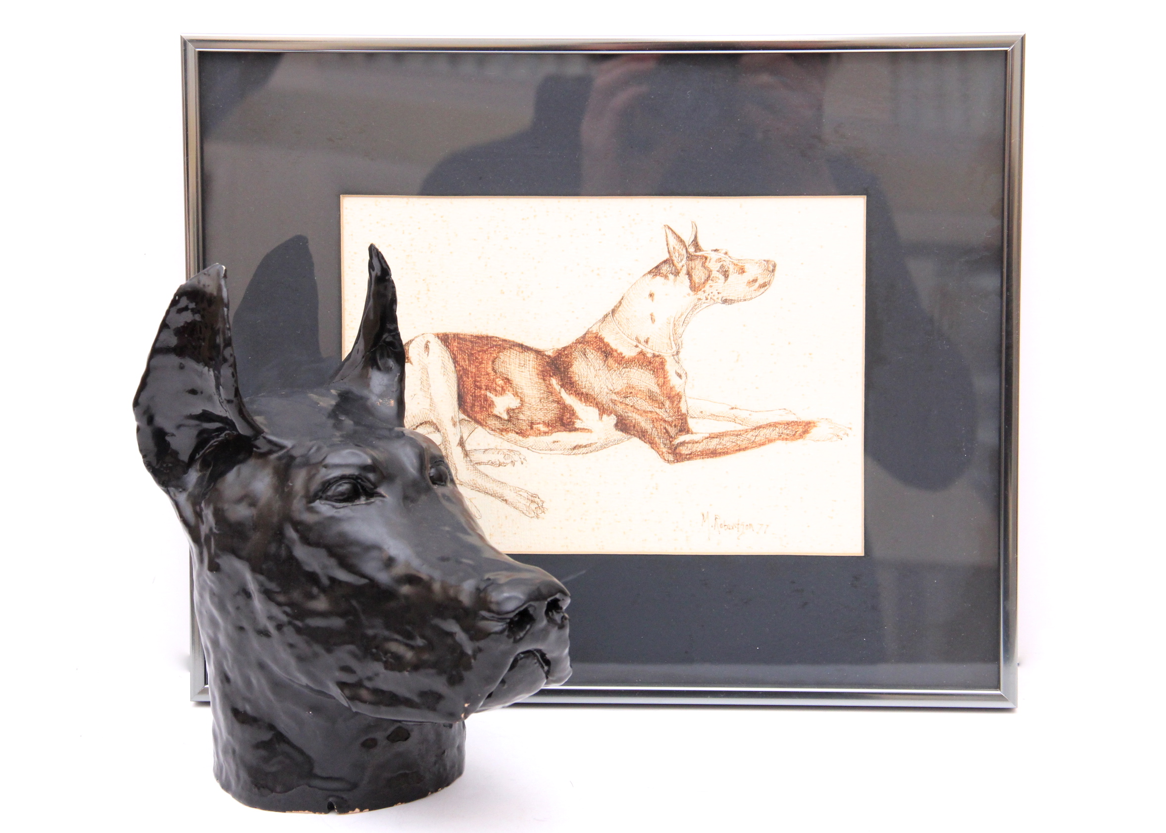 Hand Sculpted Ceramic Great Dane Bust and Framed Art Work