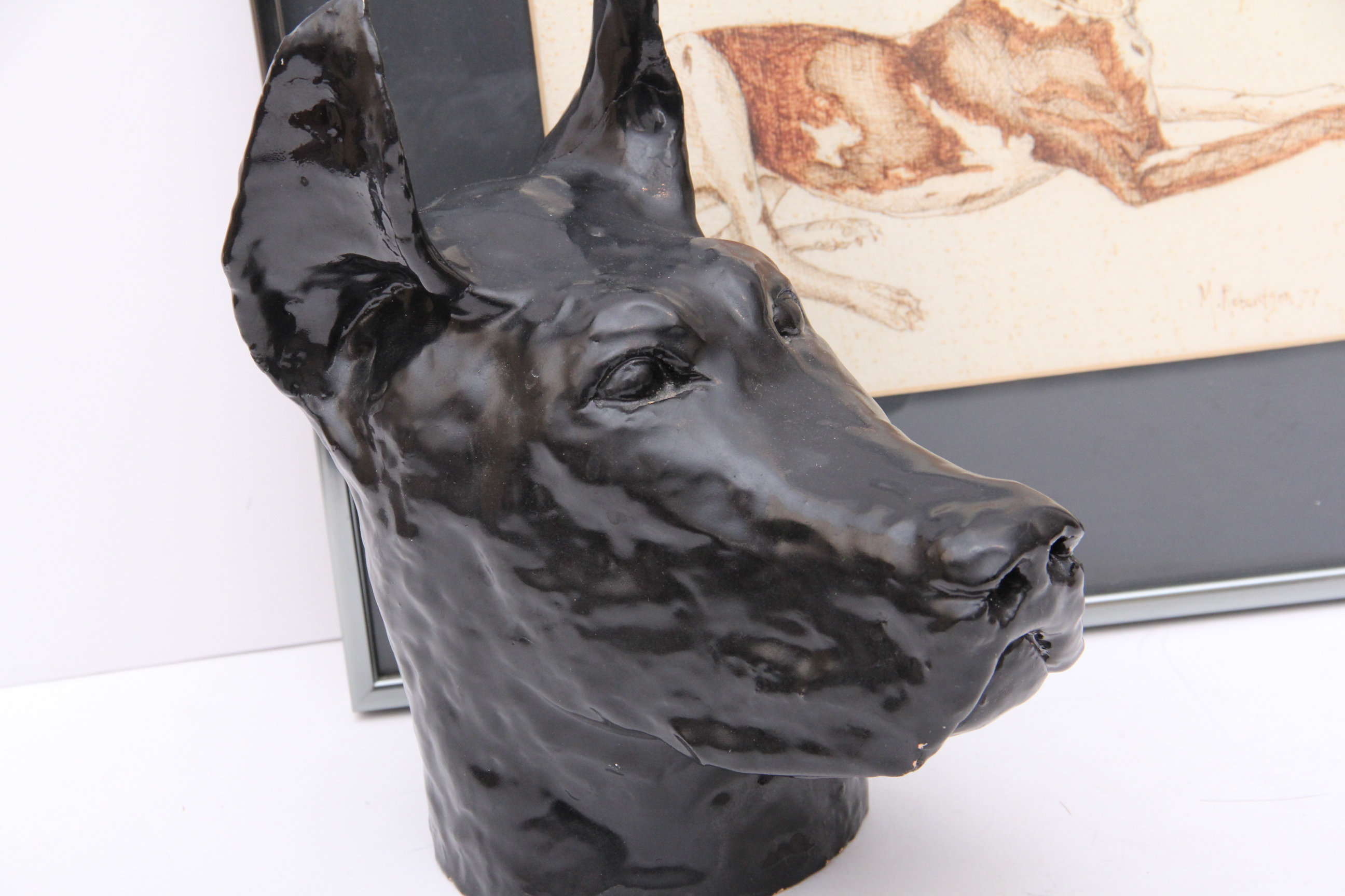 Hand Sculpted Ceramic Great Dane Bust and Framed Art Work