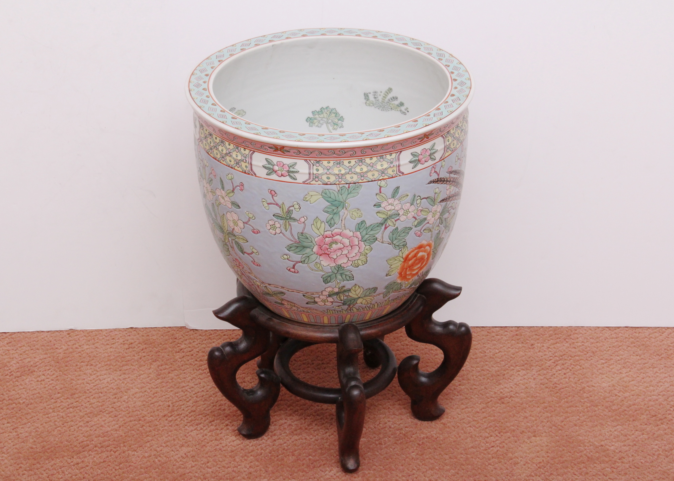 Oversized Chinese Cachepot with Wooden Stand