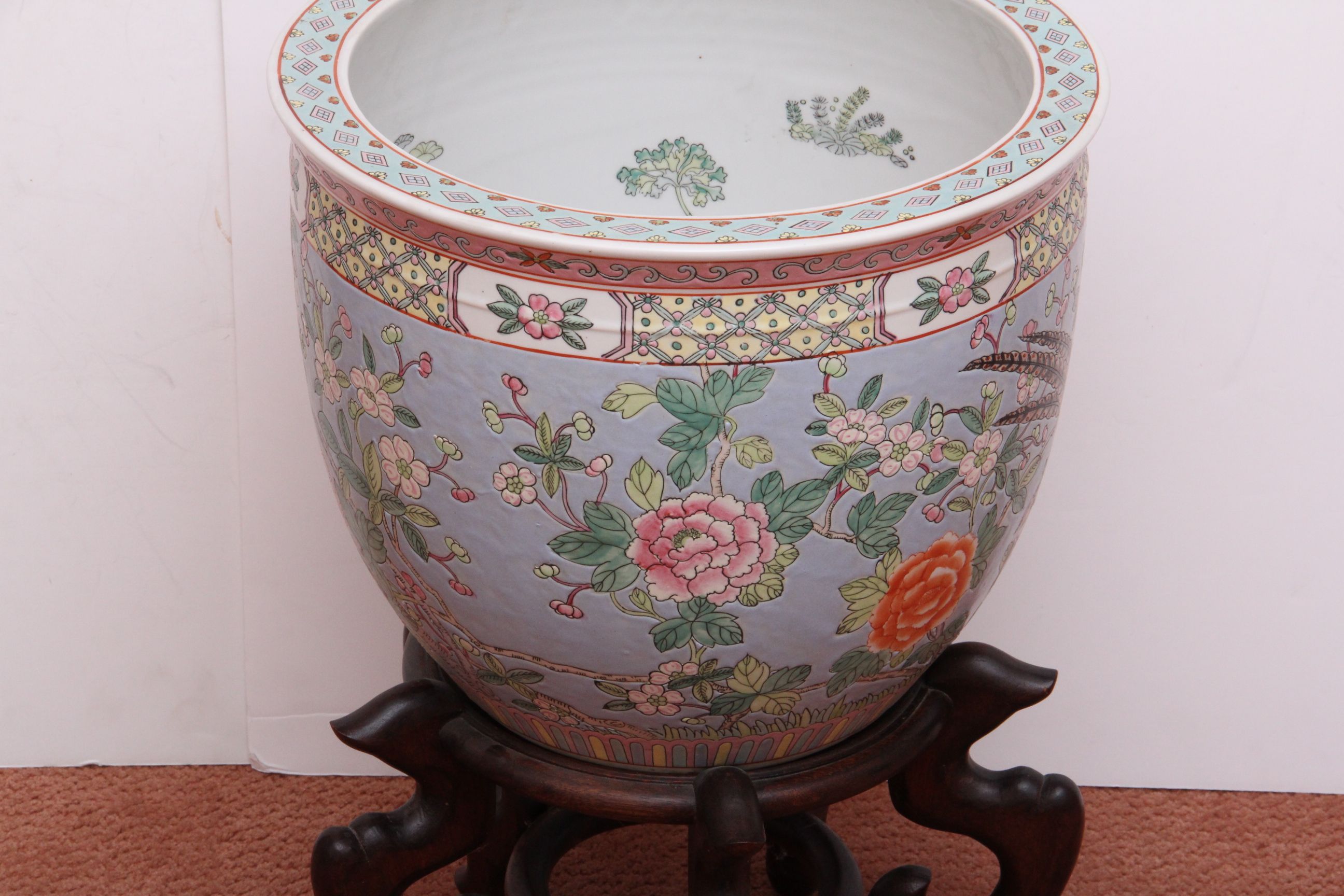 Oversized Chinese Cachepot with Wooden Stand
