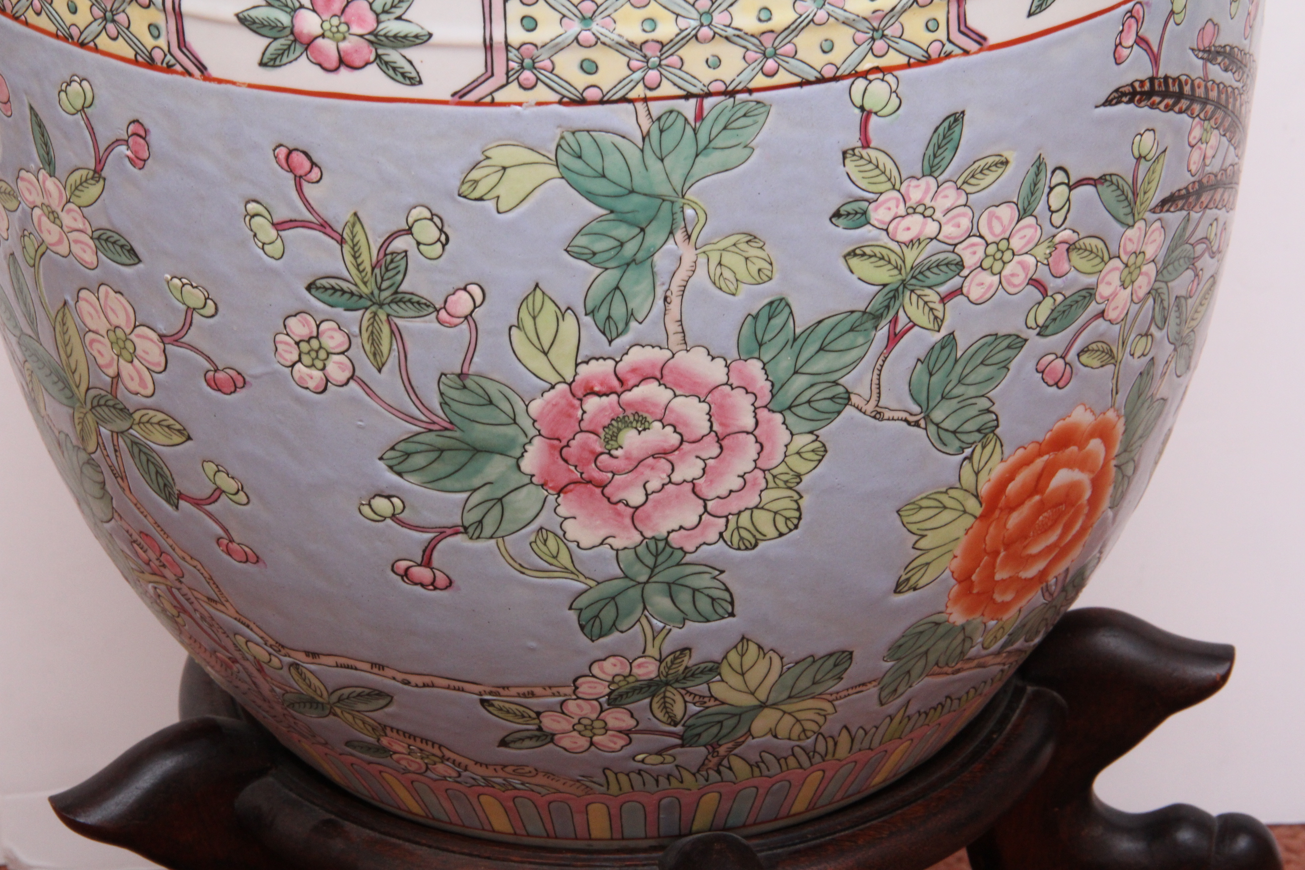 Oversized Chinese Cachepot with Wooden Stand