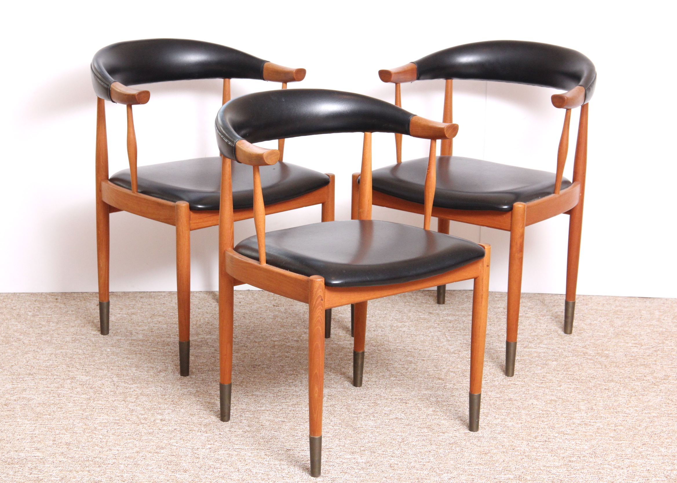 Trio of Oak and Vinyl Armchairs