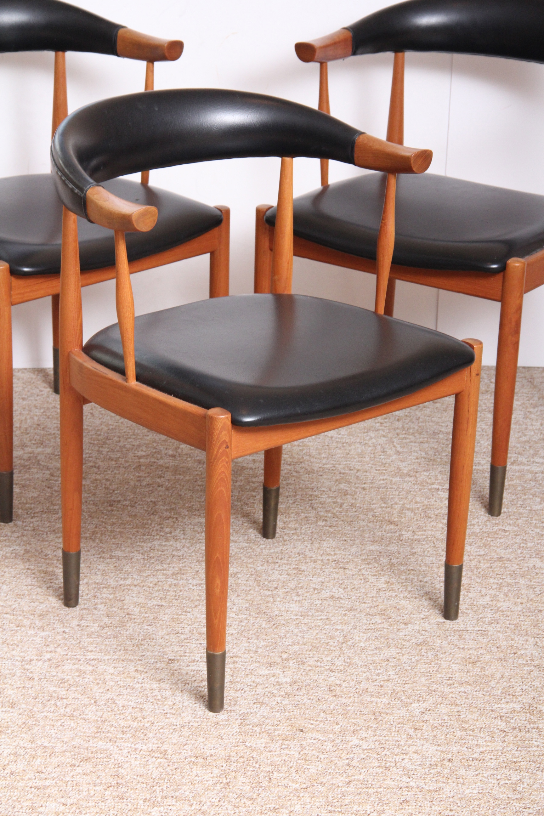 Trio of Oak and Vinyl Armchairs