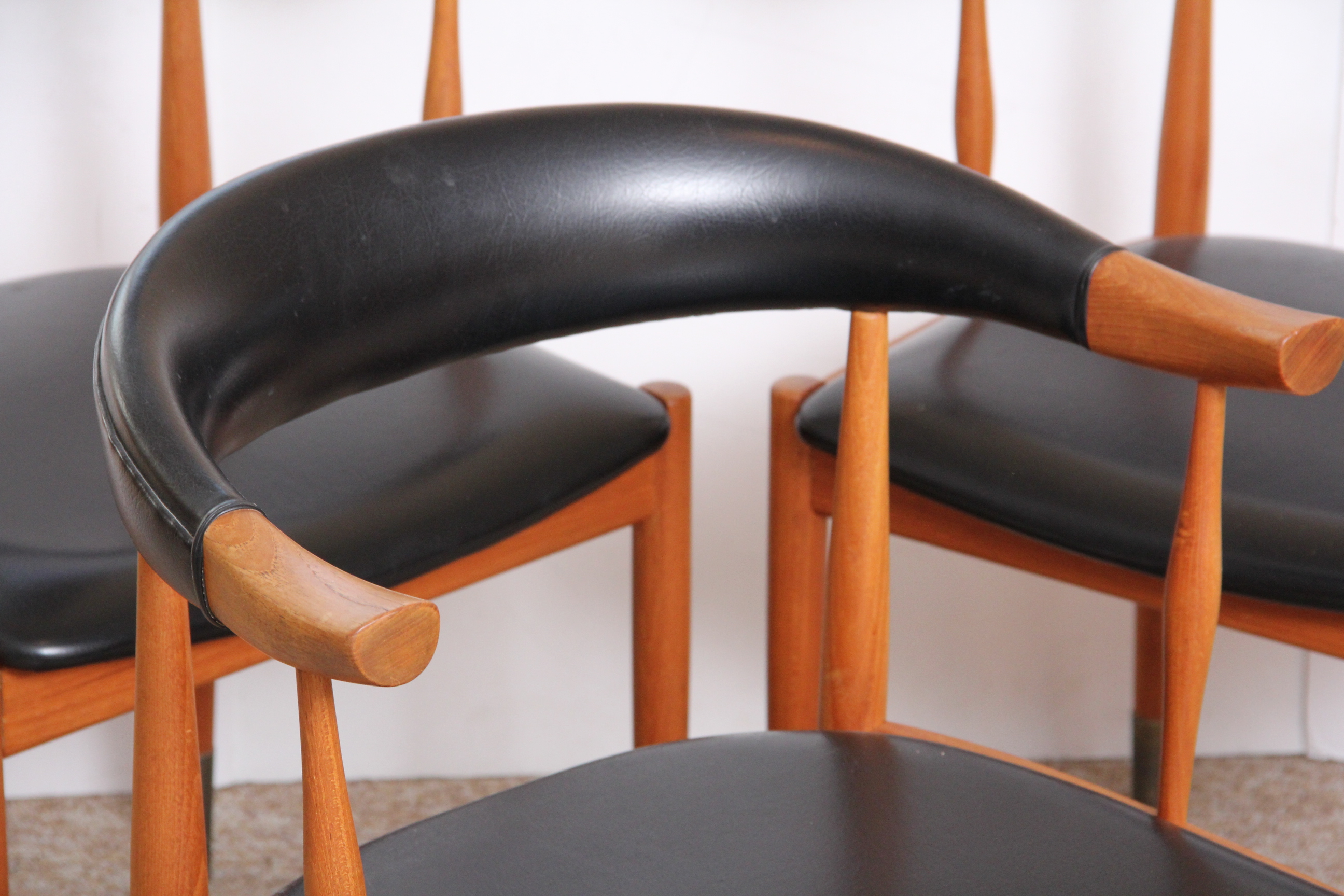 Trio of Oak and Vinyl Armchairs