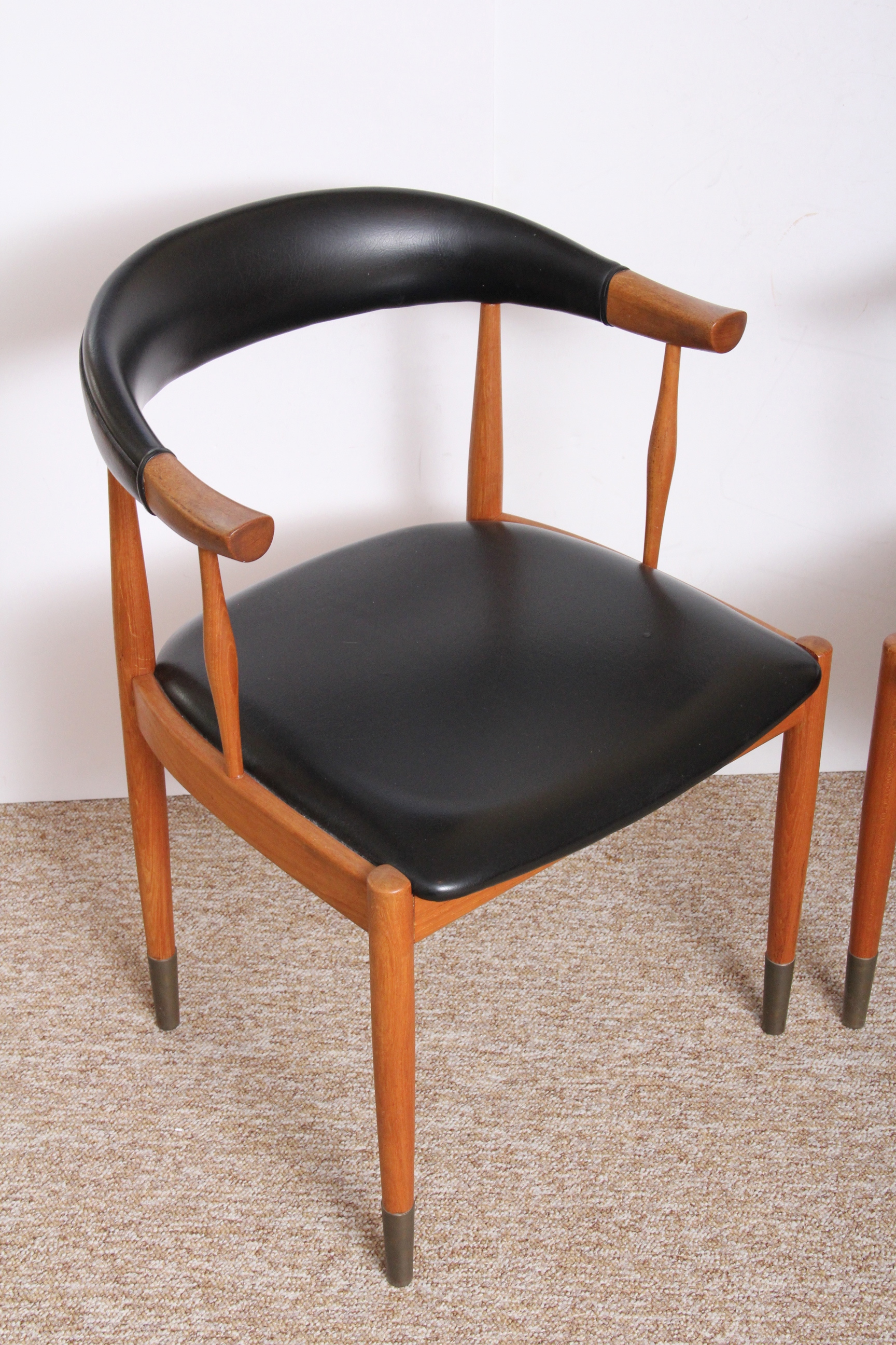 Trio of Oak and Vinyl Armchairs