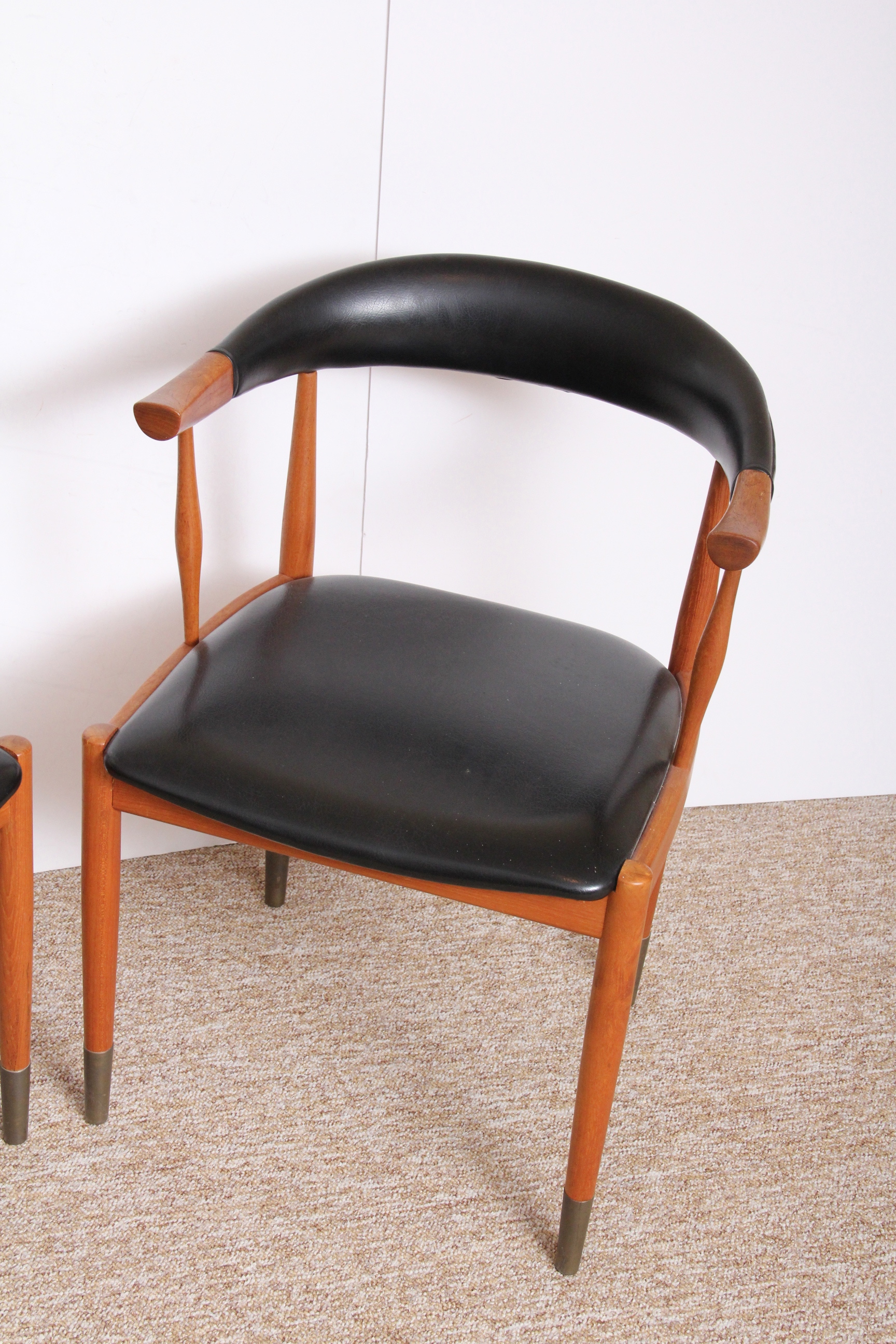 Trio of Oak and Vinyl Armchairs