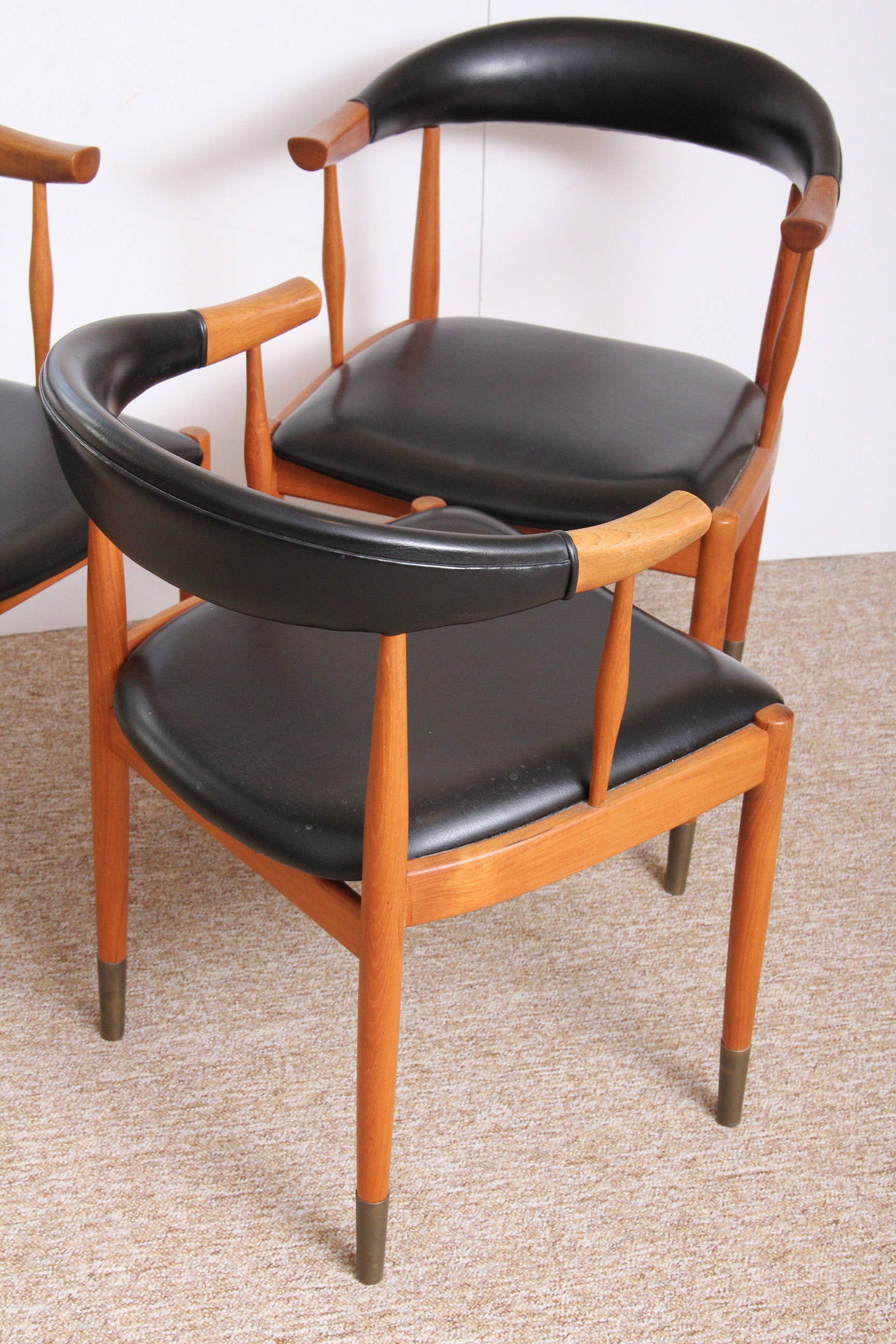 Trio of Oak and Vinyl Armchairs