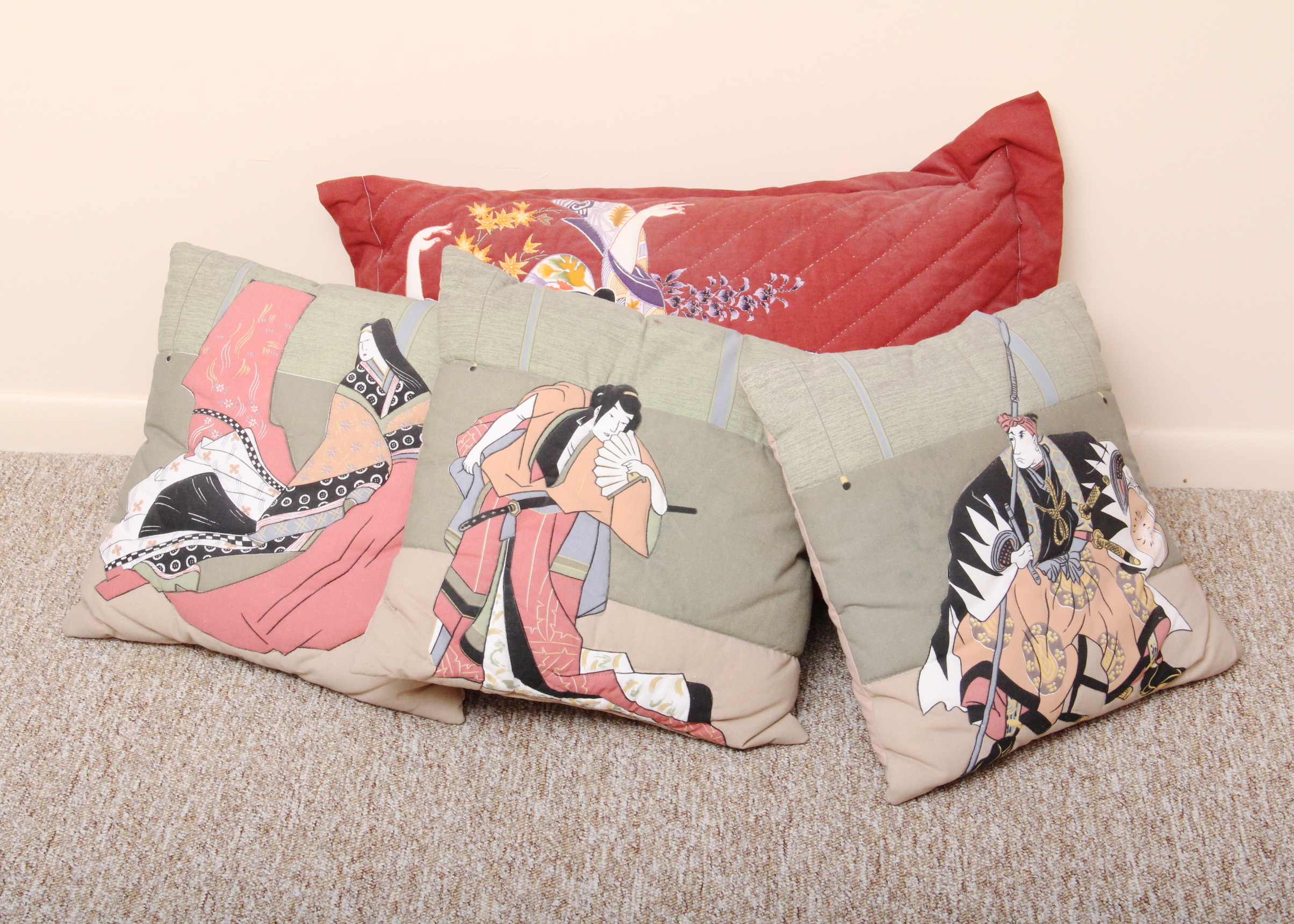 Quartet of Japanese Kabuki Themed Pillows