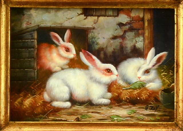 G. Roy Oil Painting on Board of Bunnies