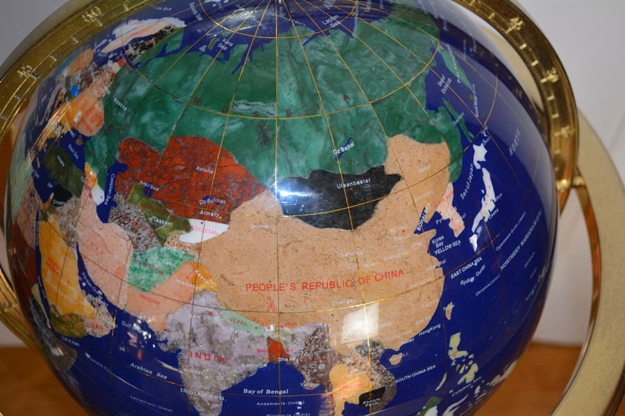 Floor Standing World Globe With Gemstone Inlay