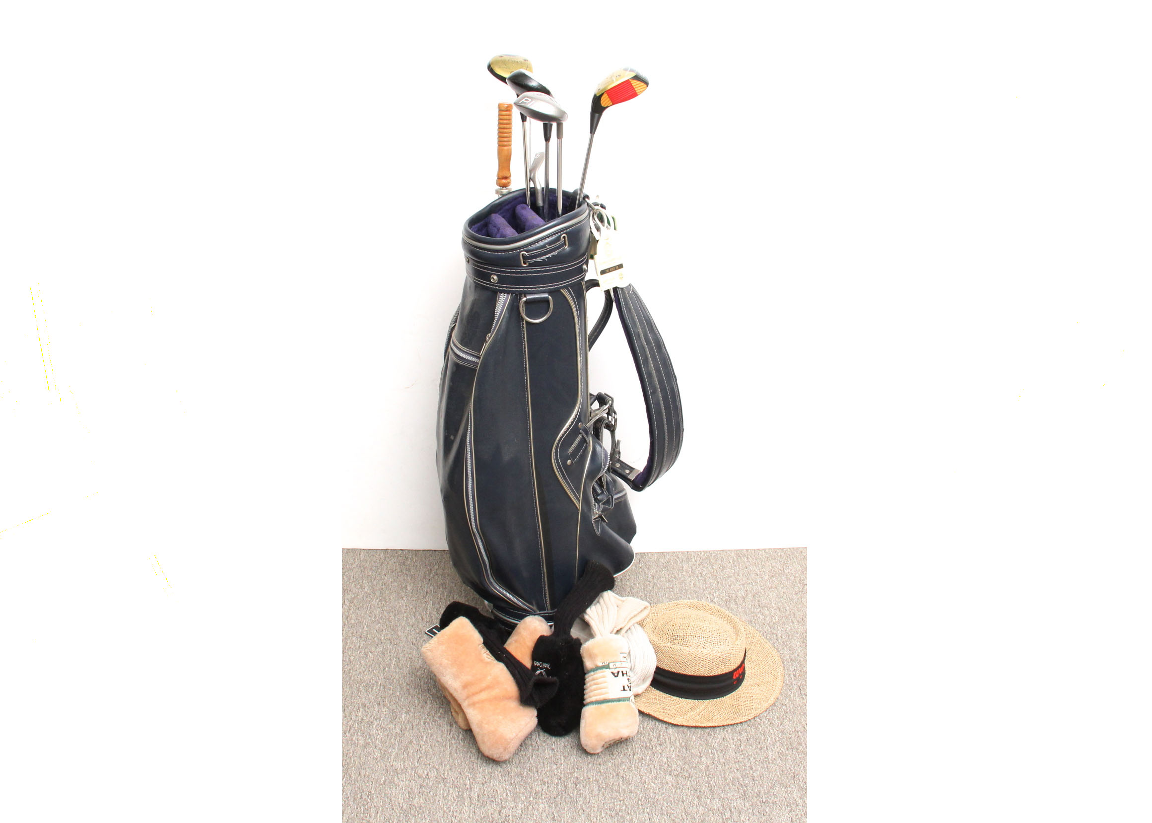 Vintage Navy Blue Leather Daiwa Golf Bag with Clubs and More