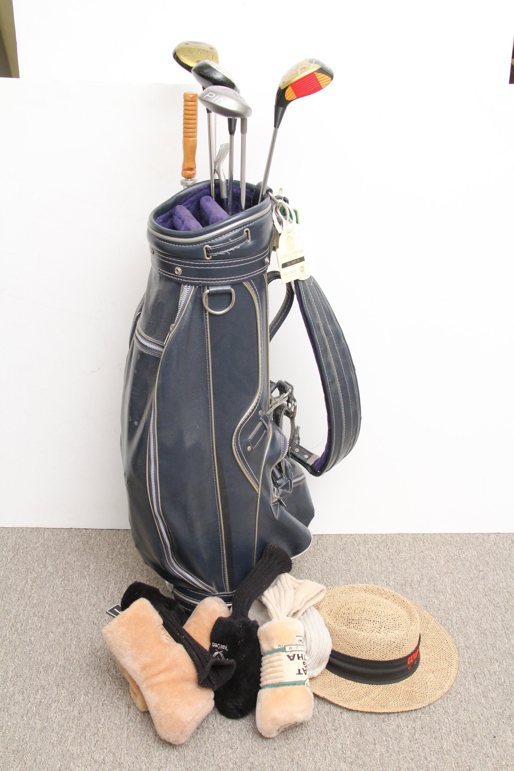 Vintage Navy Blue Leather Daiwa Golf Bag with Clubs and More