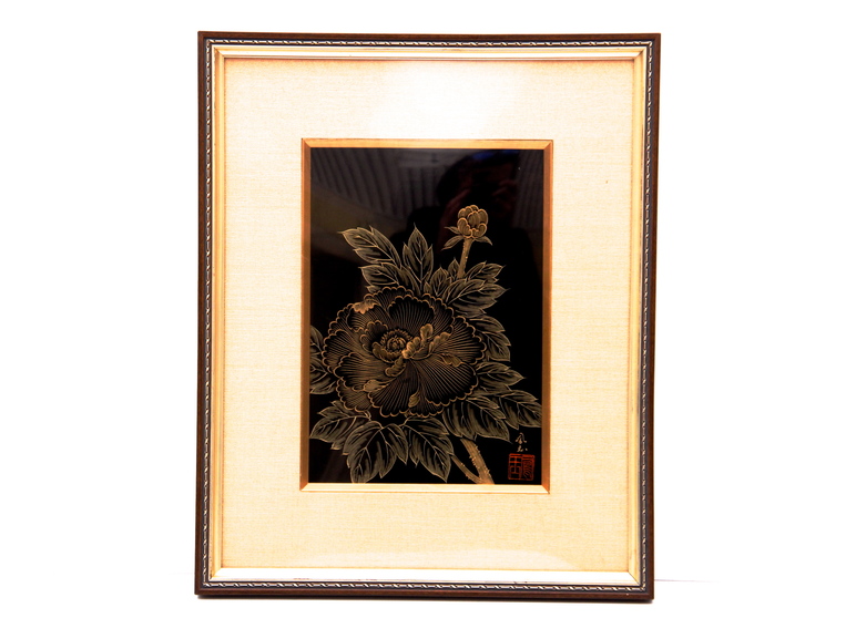 Chinese Black and Gold Tone Etching of a Peony