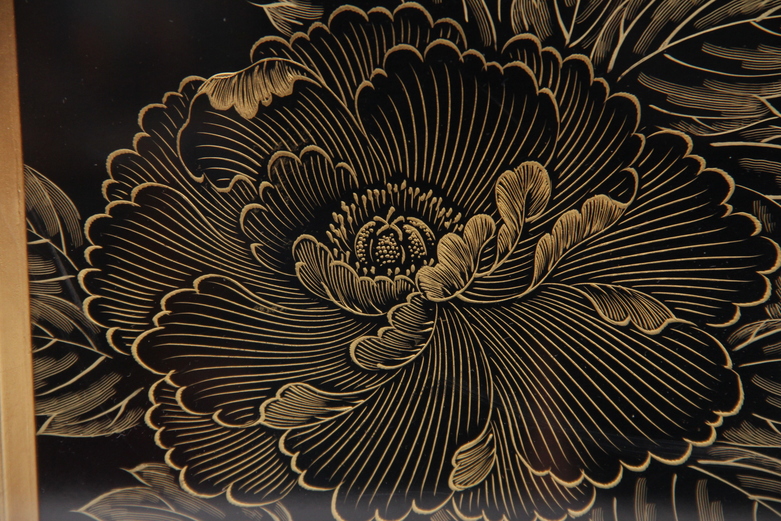 Chinese Black and Gold Tone Etching of a Peony