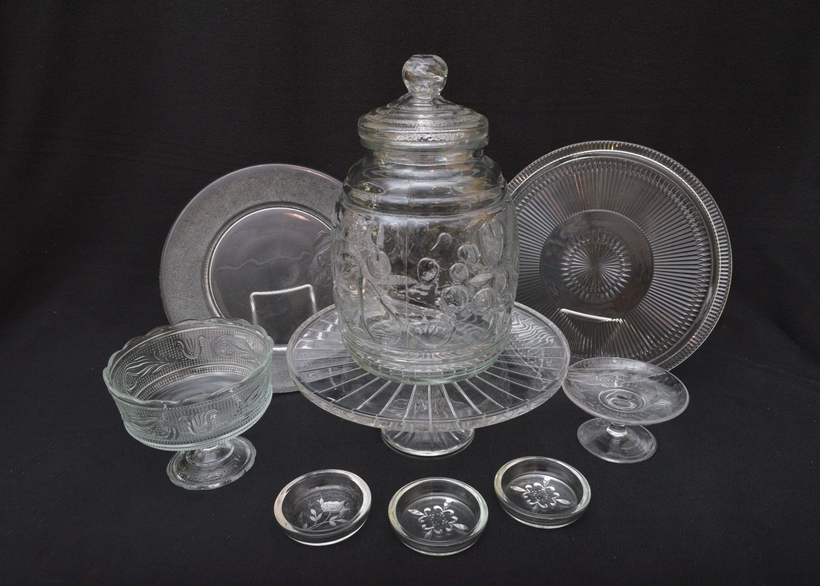 Clear Glass "Rumtopf" Lidded Jar with Assortment of Glassware