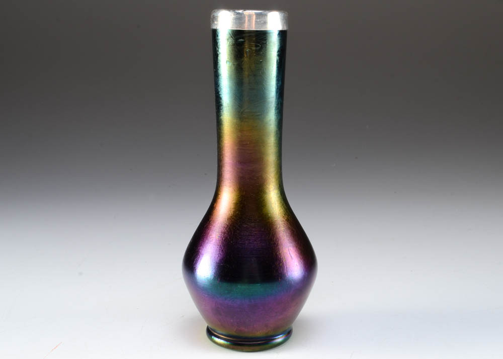 Circa 1903 Iridescent Art Glass Bud Vase with Sterling Collar