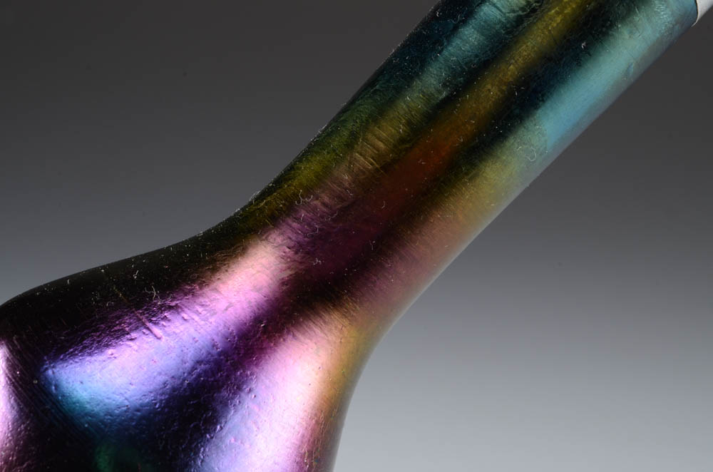 Circa 1903 Iridescent Art Glass Bud Vase with Sterling Collar