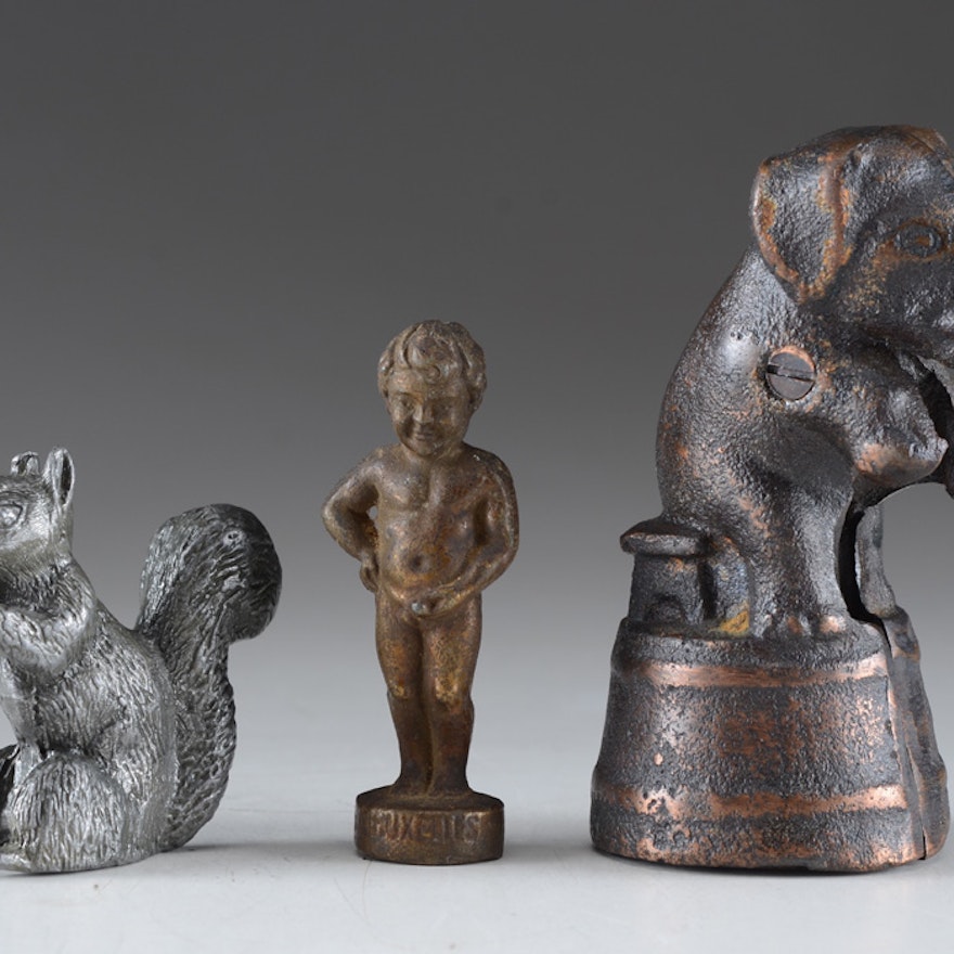 Trio of Figurines in Lead, Brass, and Copper Iron