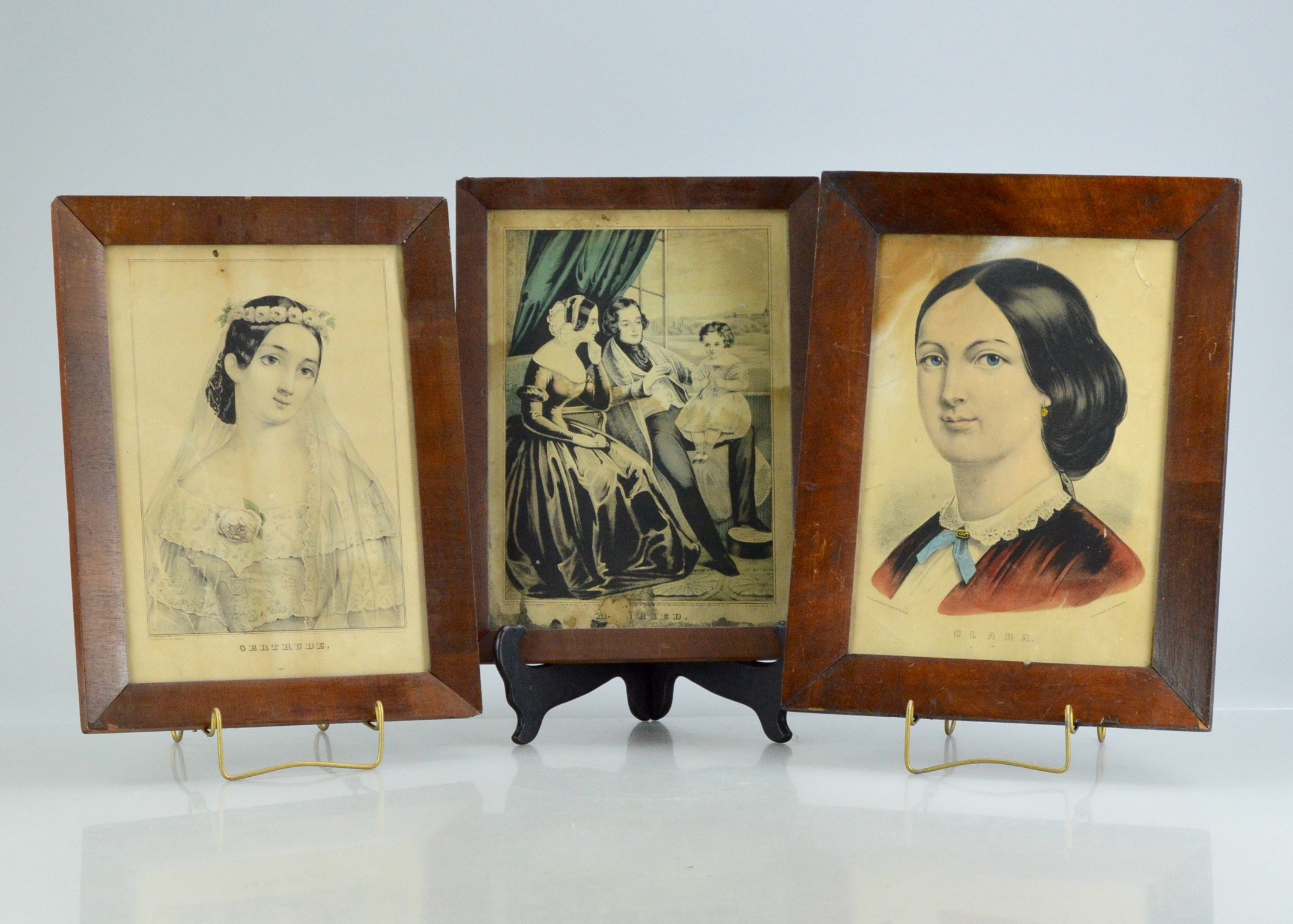 Trio of Framed Vintage Currier & Ives Hand Colored Lithographs