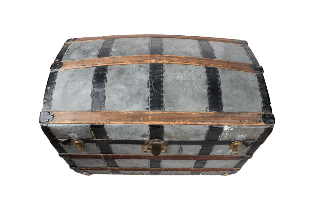Antique Domed Wood and Metal Steamer Trunk