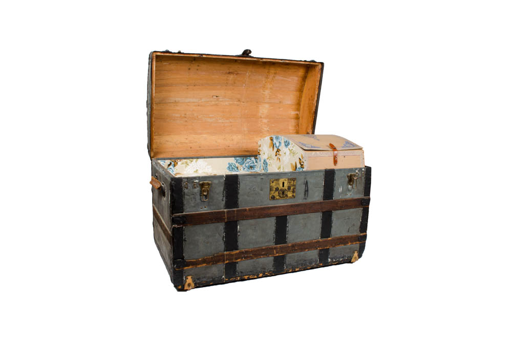 Antique Domed Wood and Metal Steamer Trunk