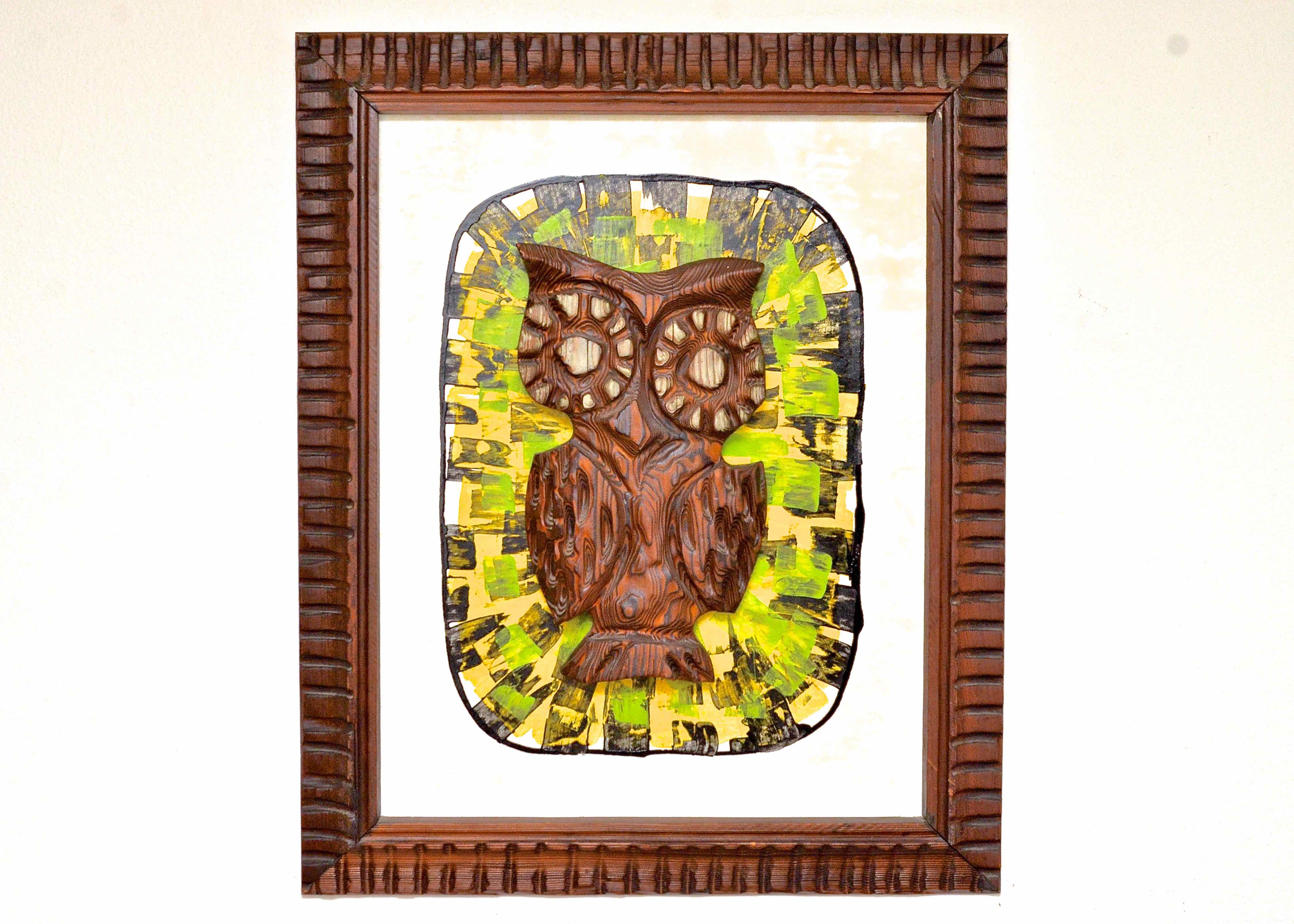 Framed Carved Wooden Owl Mounted  By Witco