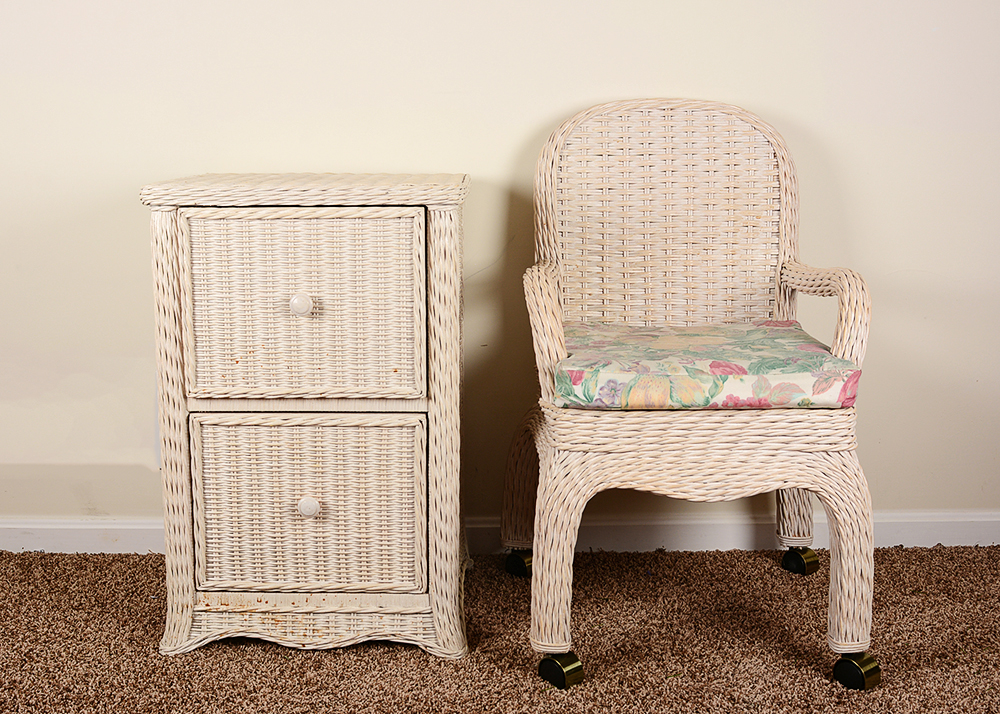 Rattan Rolling Chair and Filing Cabinet