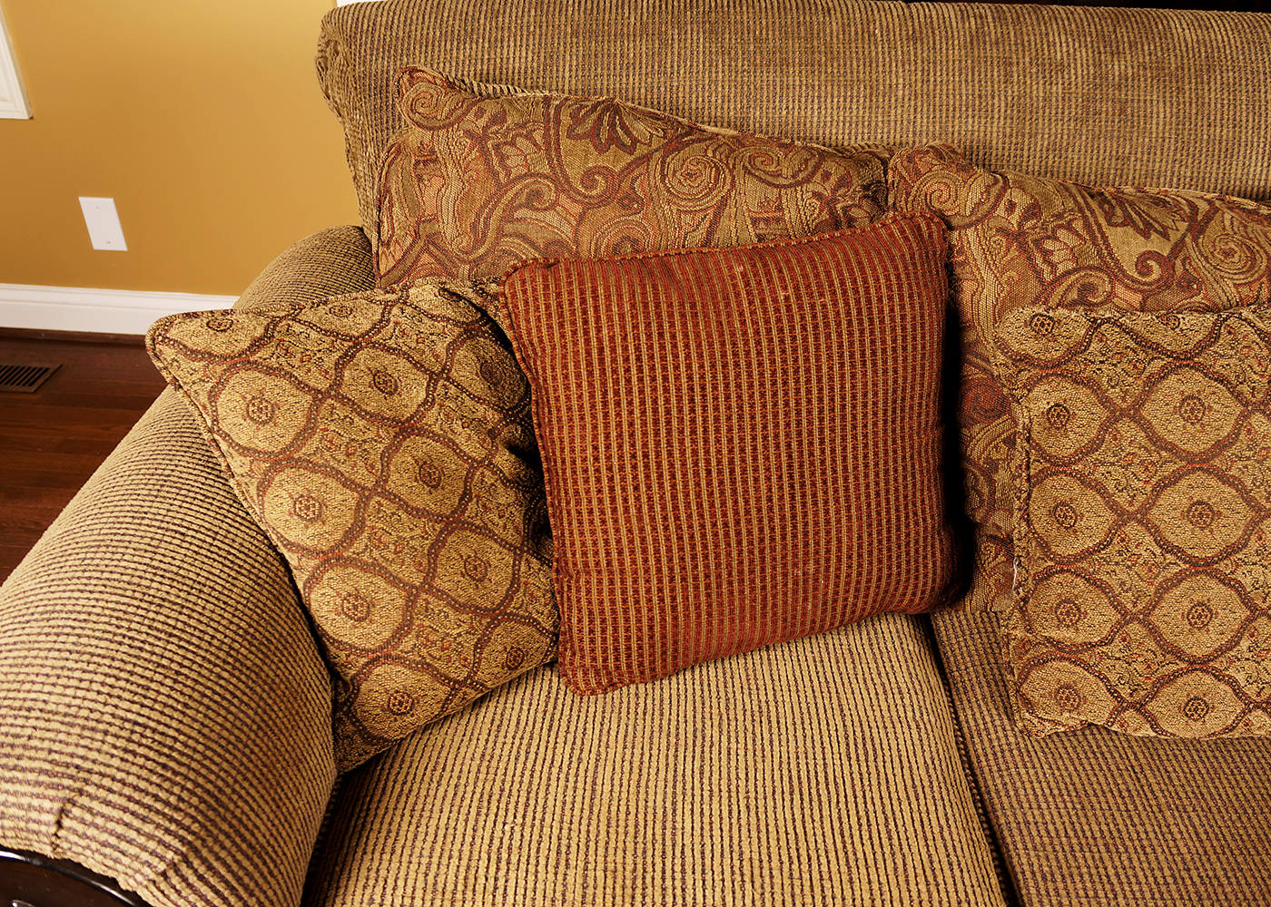 Overstuffed Couch with Acrylic Upholstery and Wooden Base
