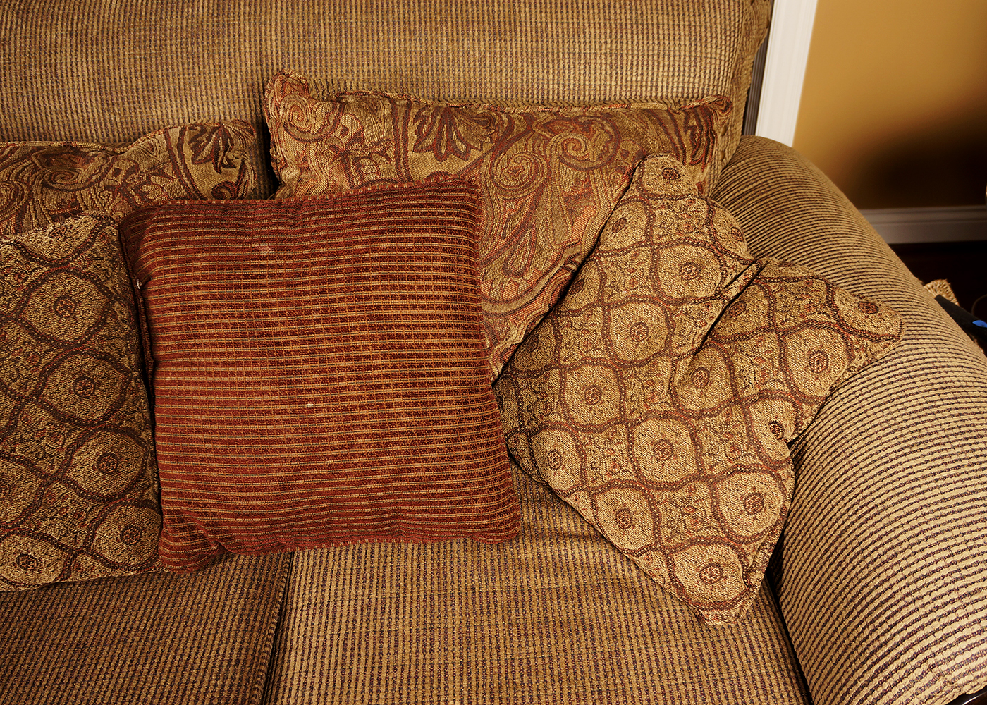 Overstuffed Couch with Acrylic Upholstery and Wooden Base