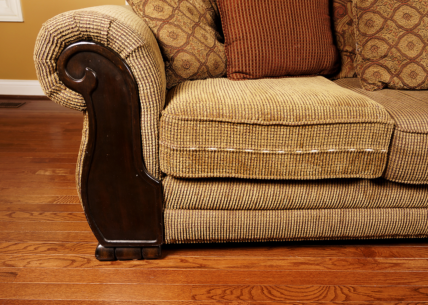 Overstuffed Couch with Acrylic Upholstery and Wooden Base