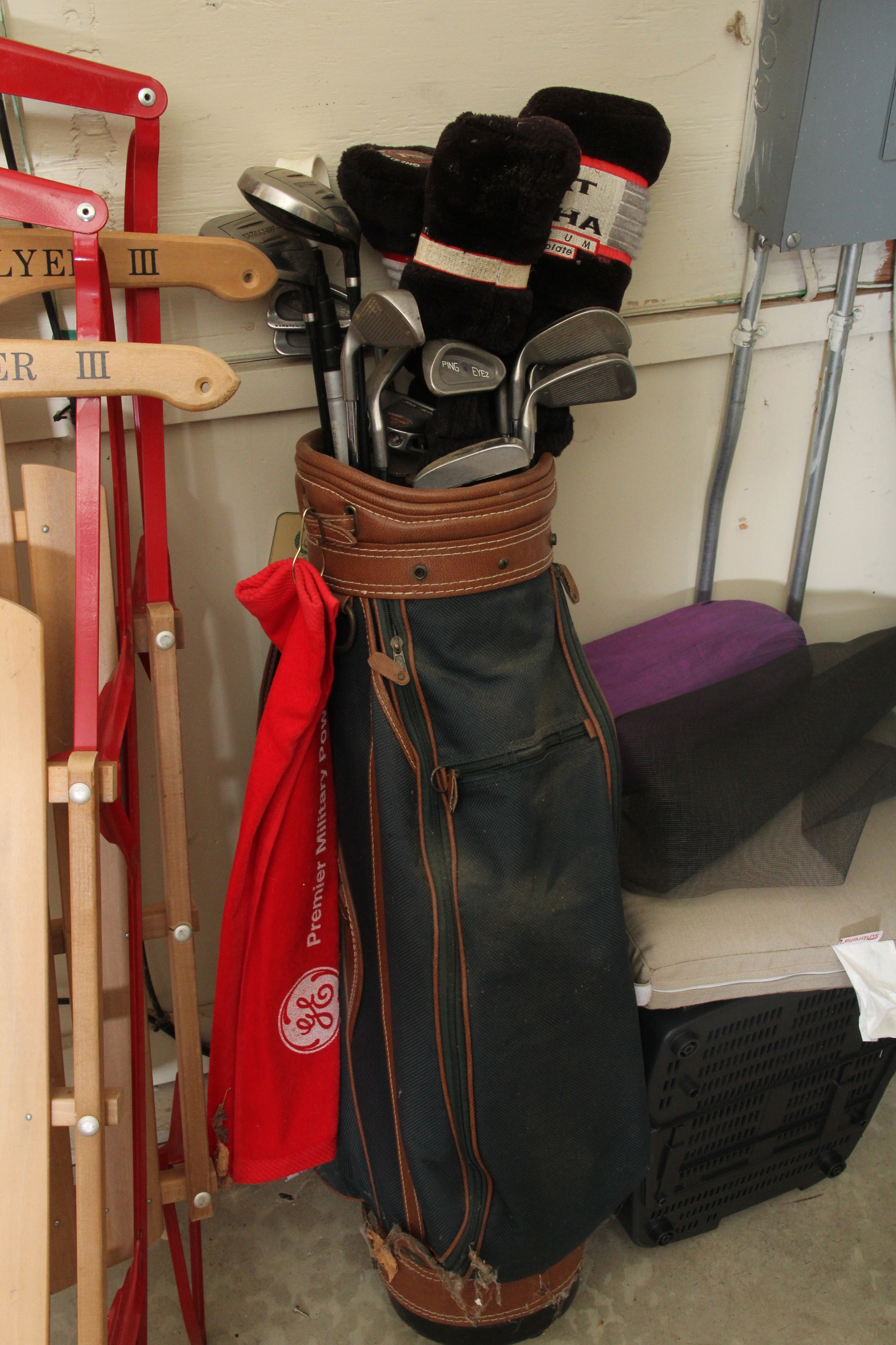 Vintage Navy Blue Leather Daiwa Golf Bag with Clubs and More
