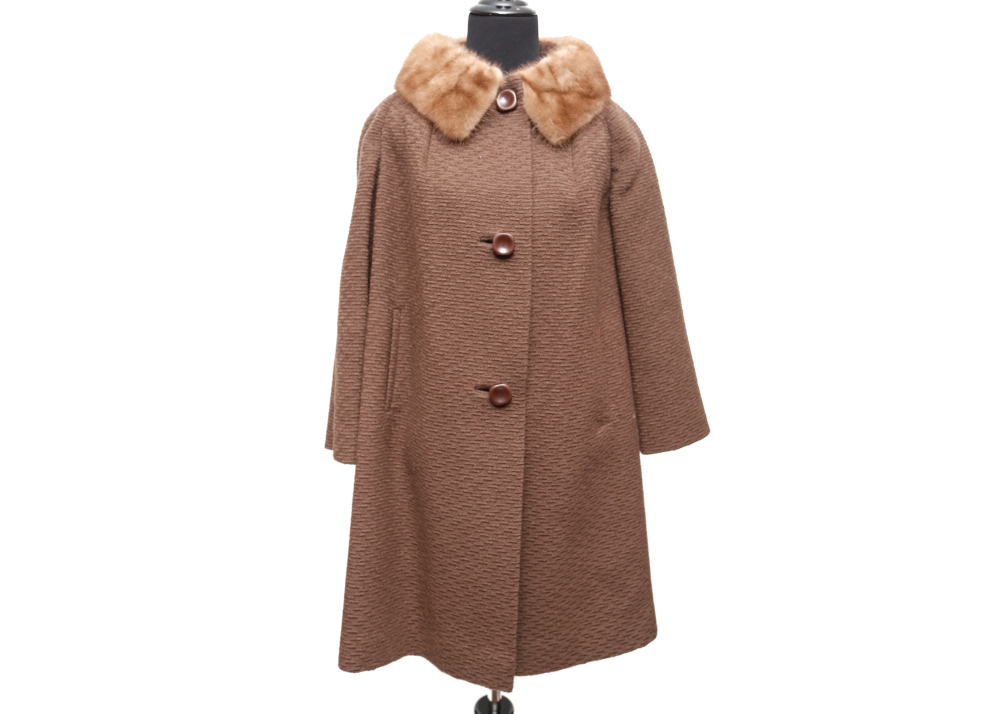 Vintage Brown Swing Coat with Mink Collar