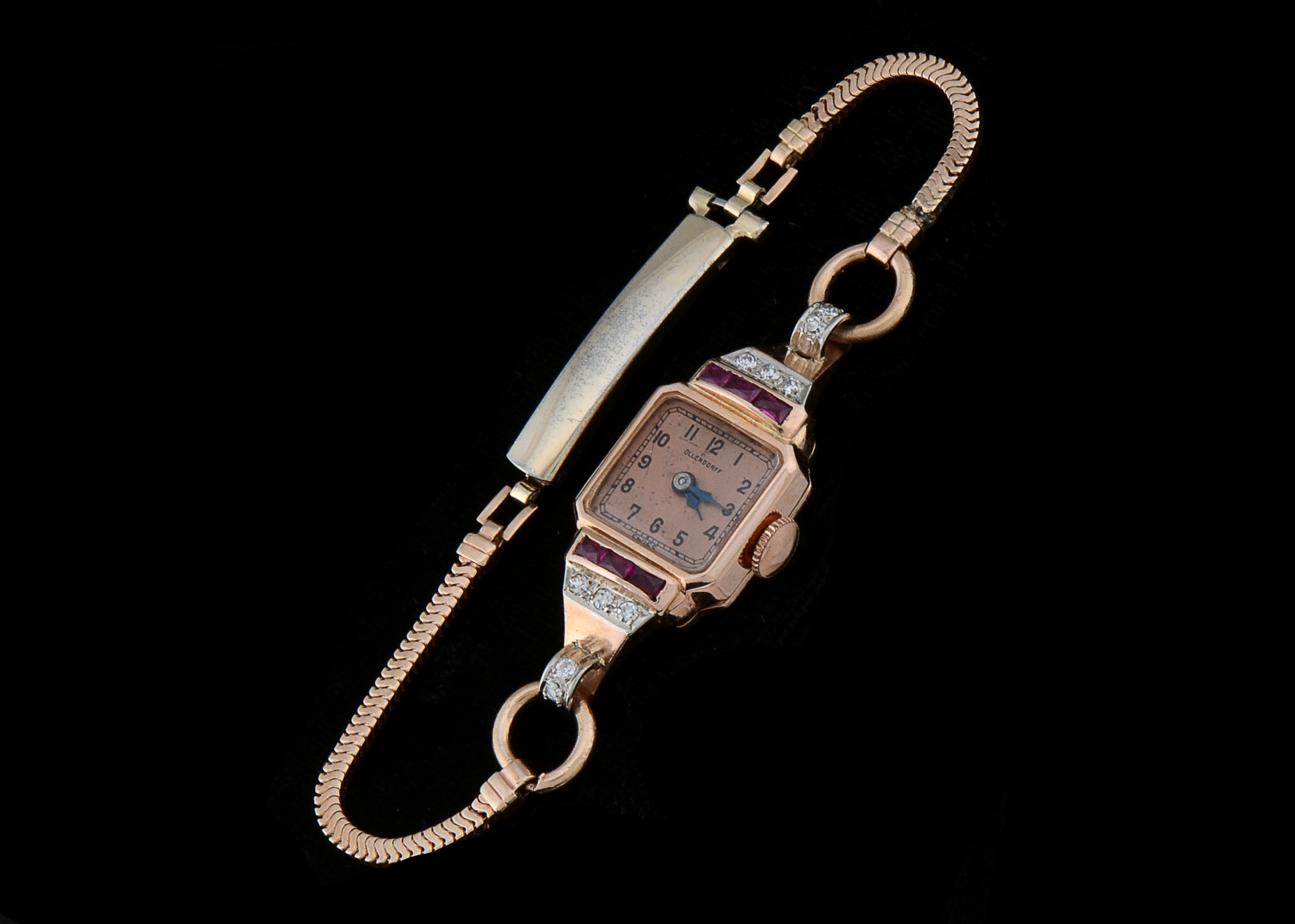 Women's 1940s 14K Rose Gold Diamond and Ruby Watch Bracelet
