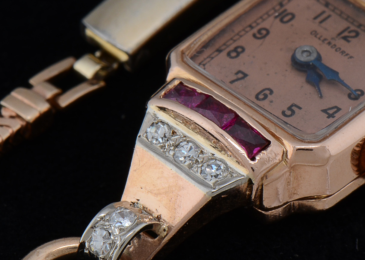 Women's 1940s 14K Rose Gold Diamond and Ruby Watch Bracelet