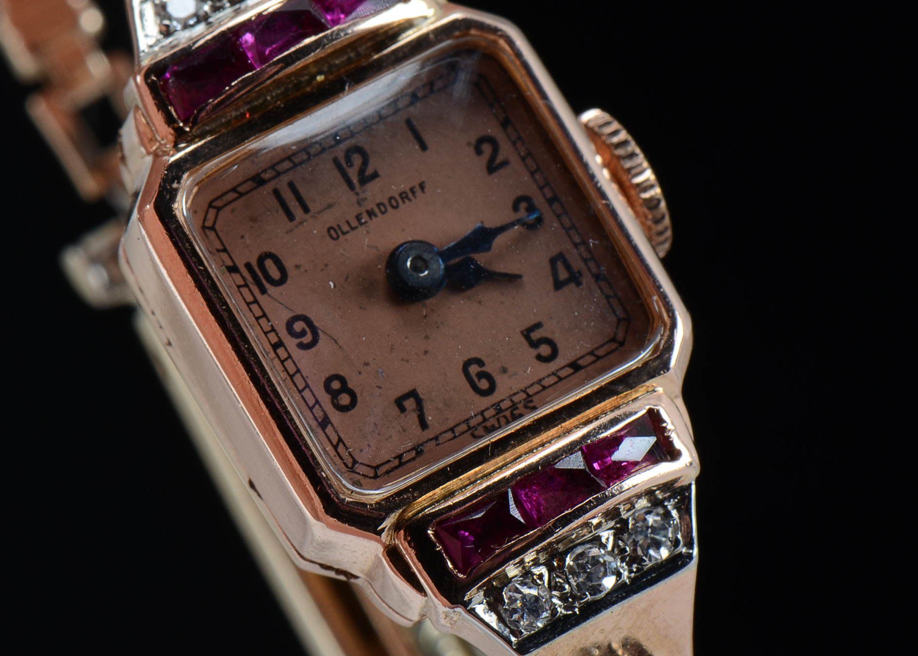 Women's 1940s 14K Rose Gold Diamond and Ruby Watch Bracelet