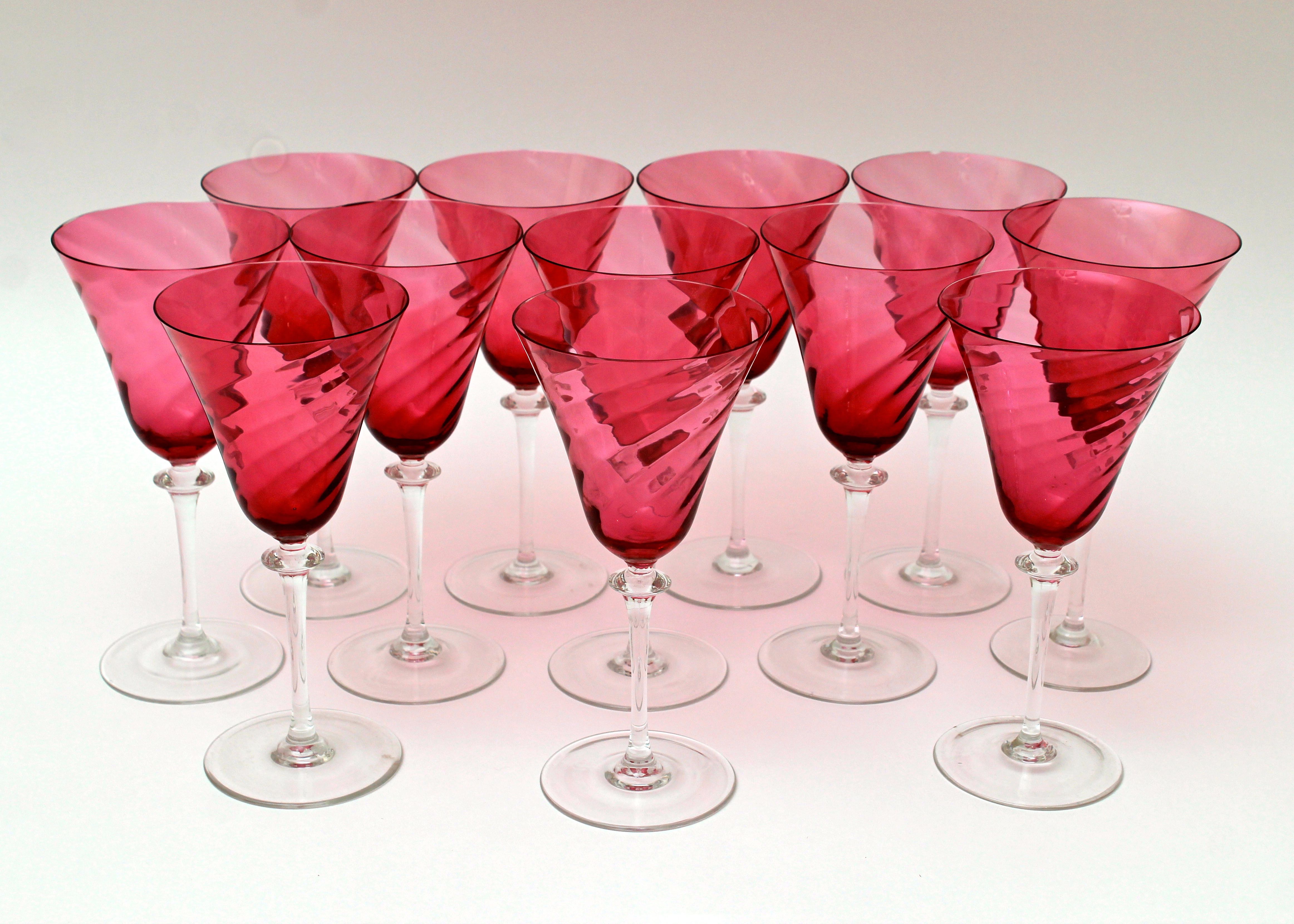 Vintage Set of Twelve Crystal Cranberry Swirl Wine Glasses