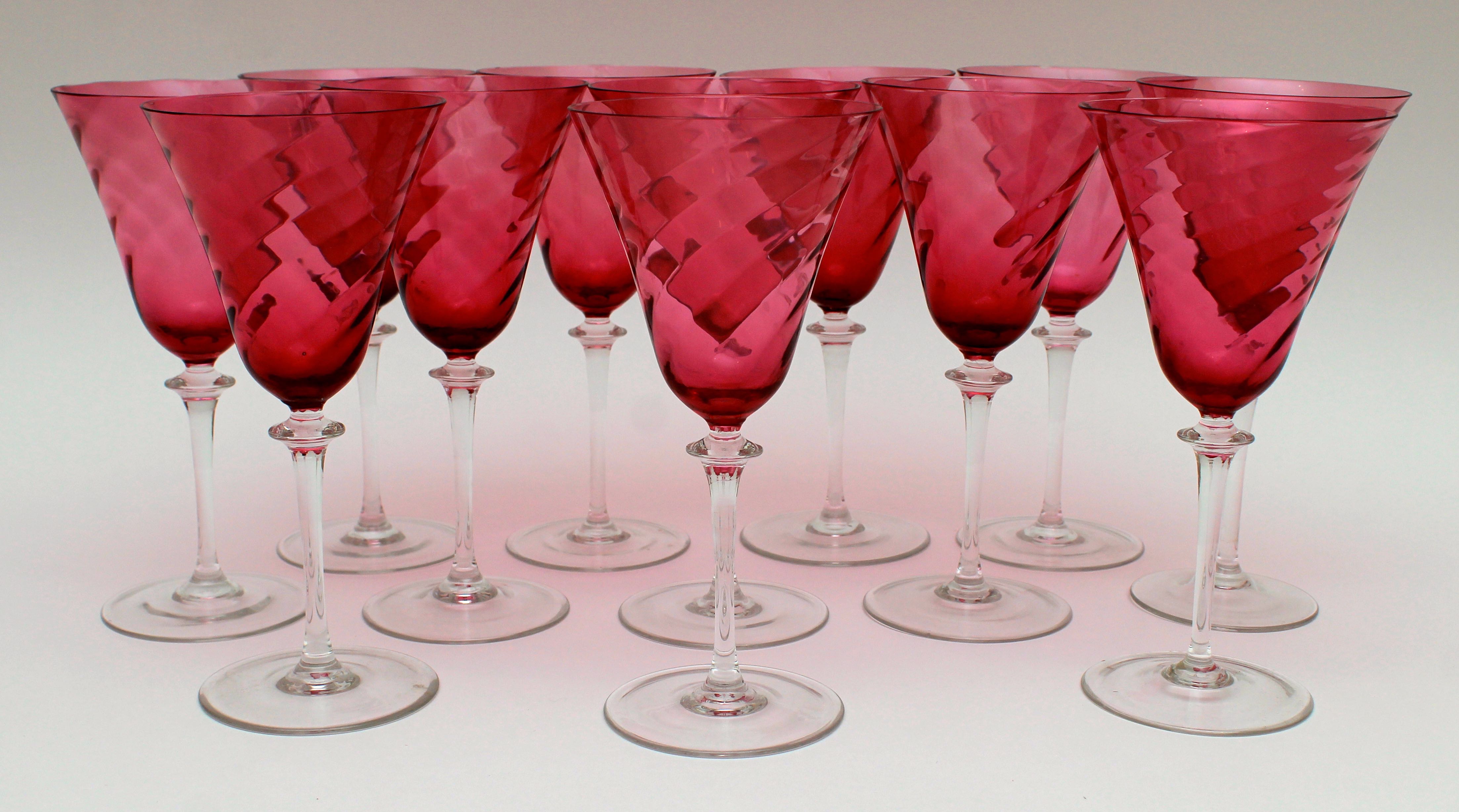 Vintage Set of Twelve Crystal Cranberry Swirl Wine Glasses