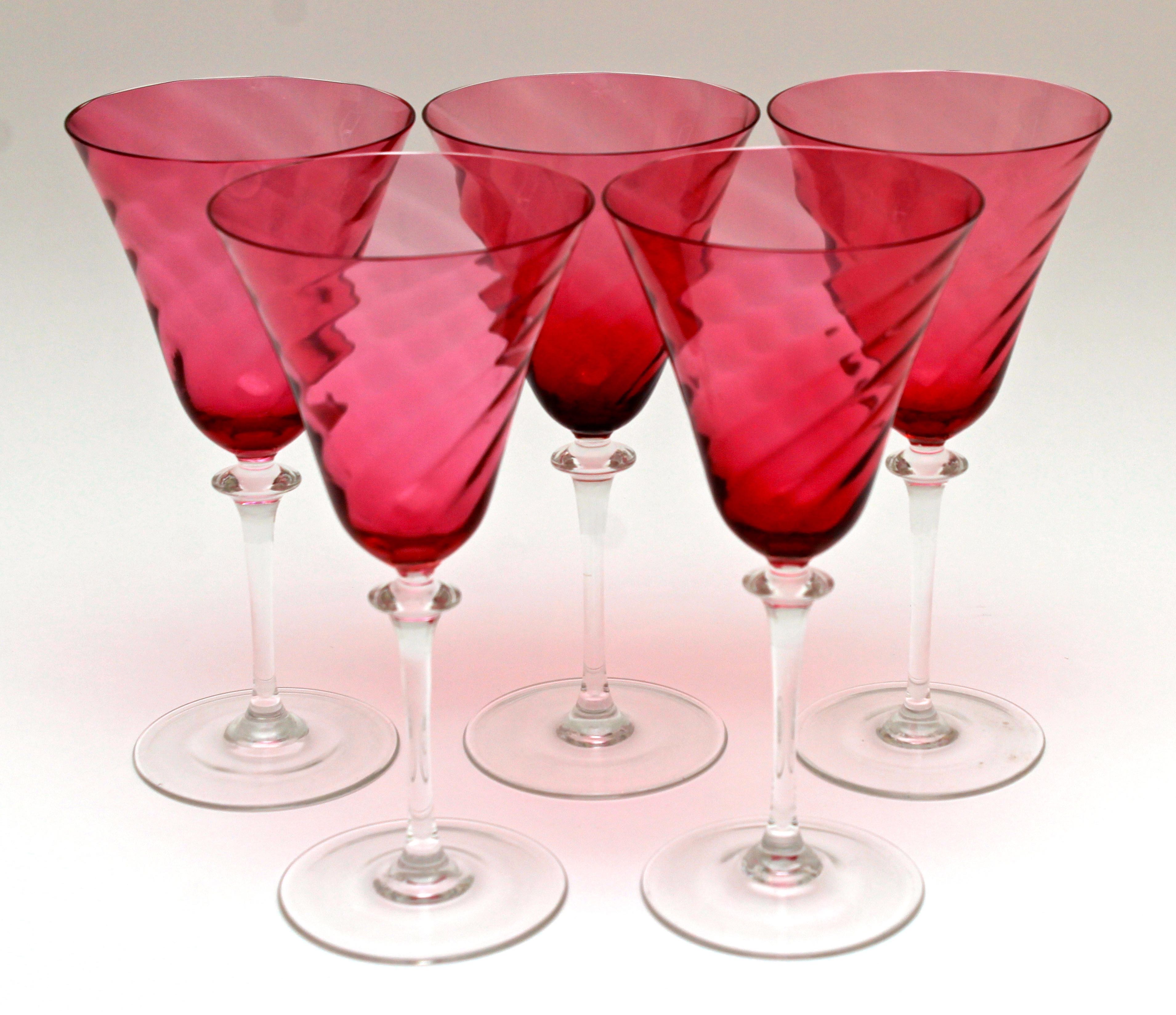 Vintage Set of Twelve Crystal Cranberry Swirl Wine Glasses