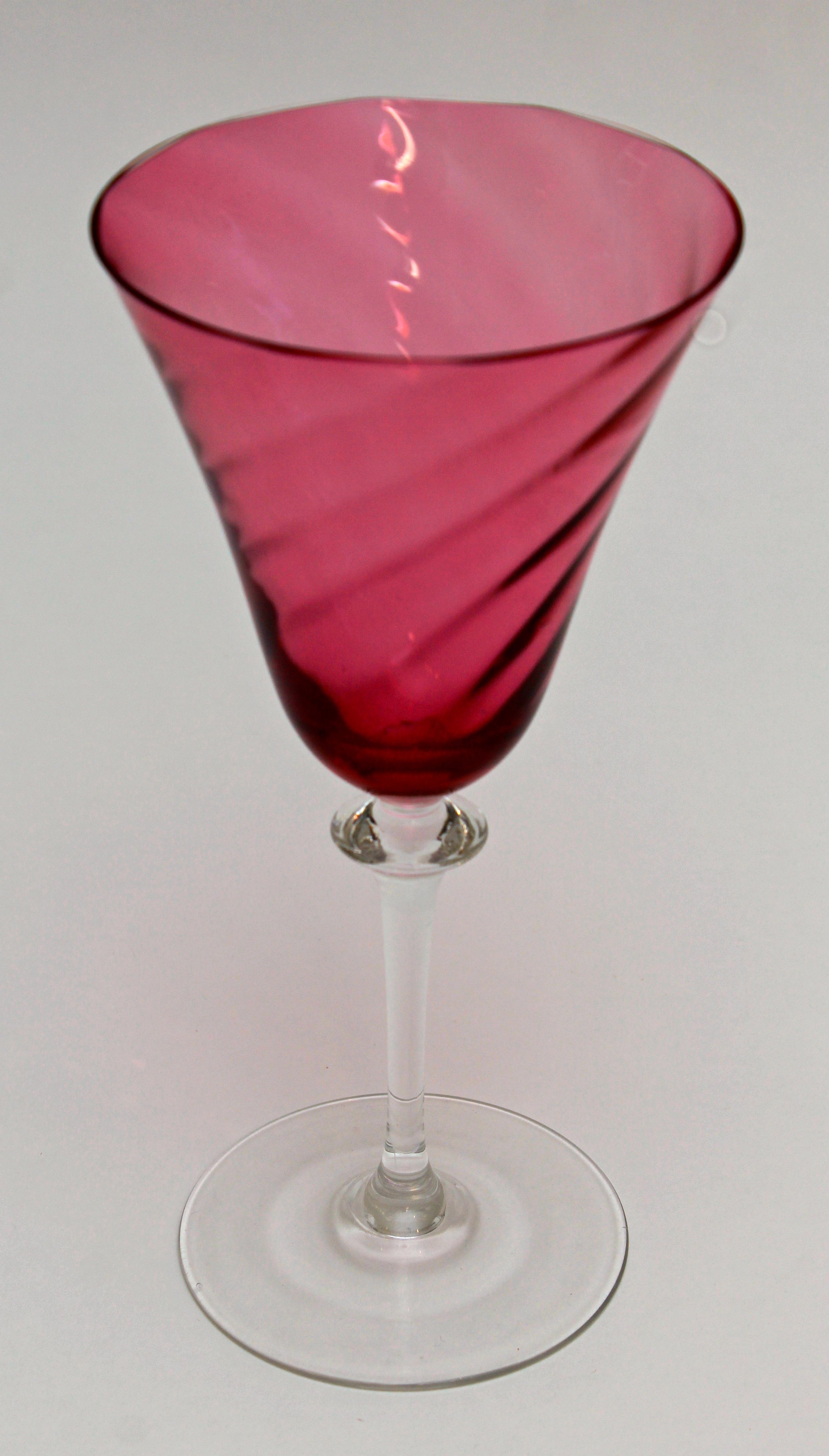 Vintage Set of Twelve Crystal Cranberry Swirl Wine Glasses