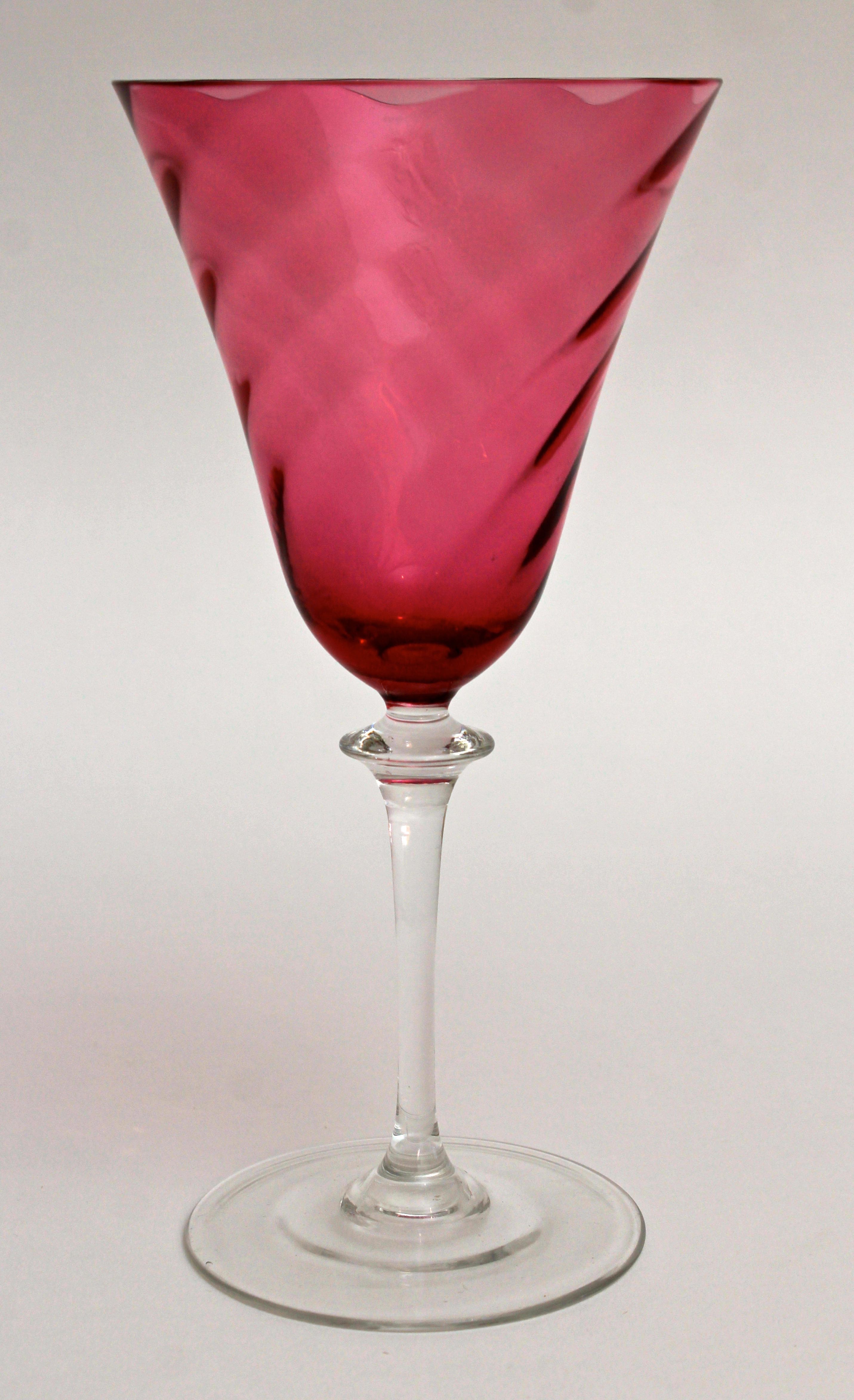 Vintage Set of Twelve Crystal Cranberry Swirl Wine Glasses