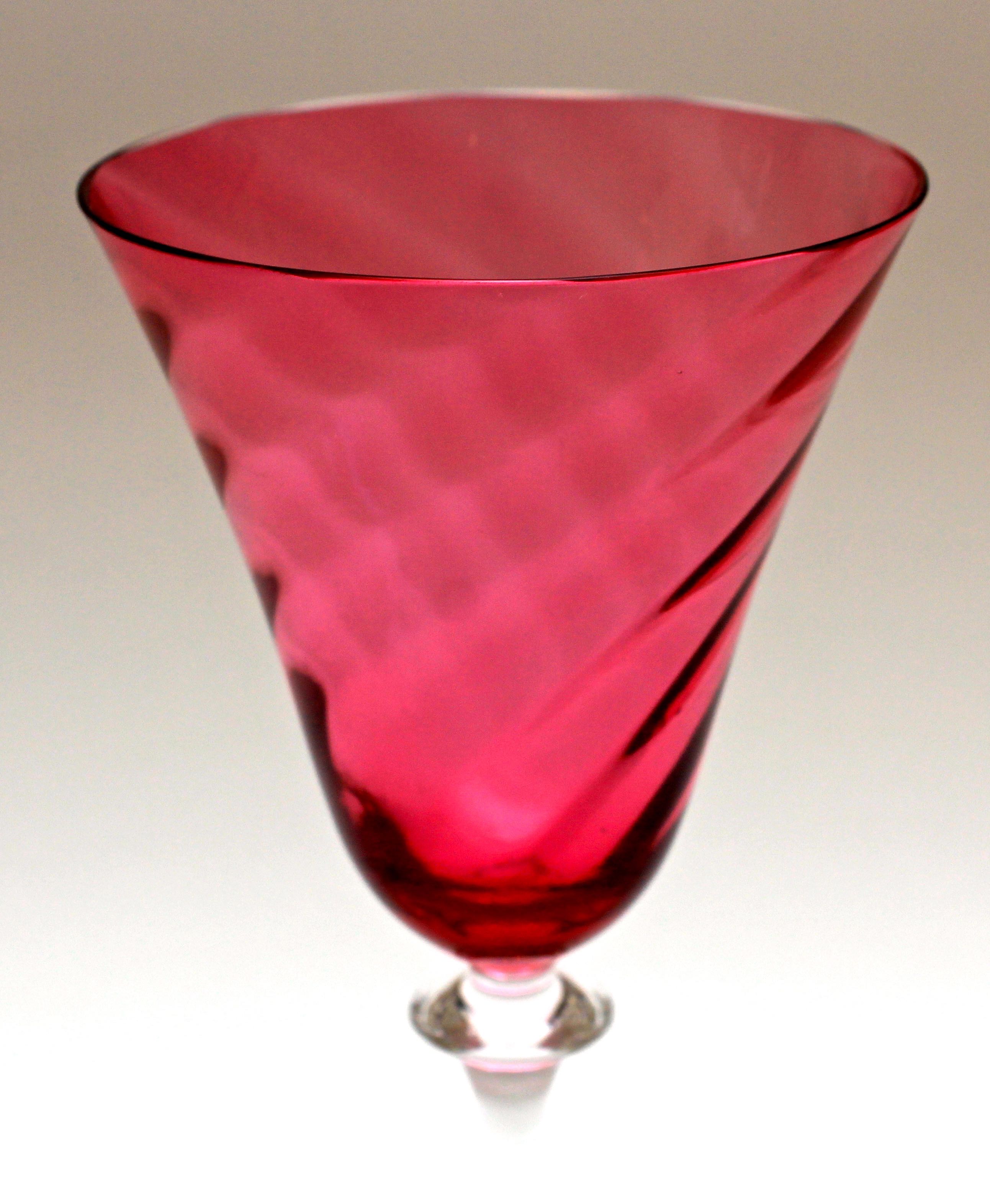 Vintage Set of Twelve Crystal Cranberry Swirl Wine Glasses