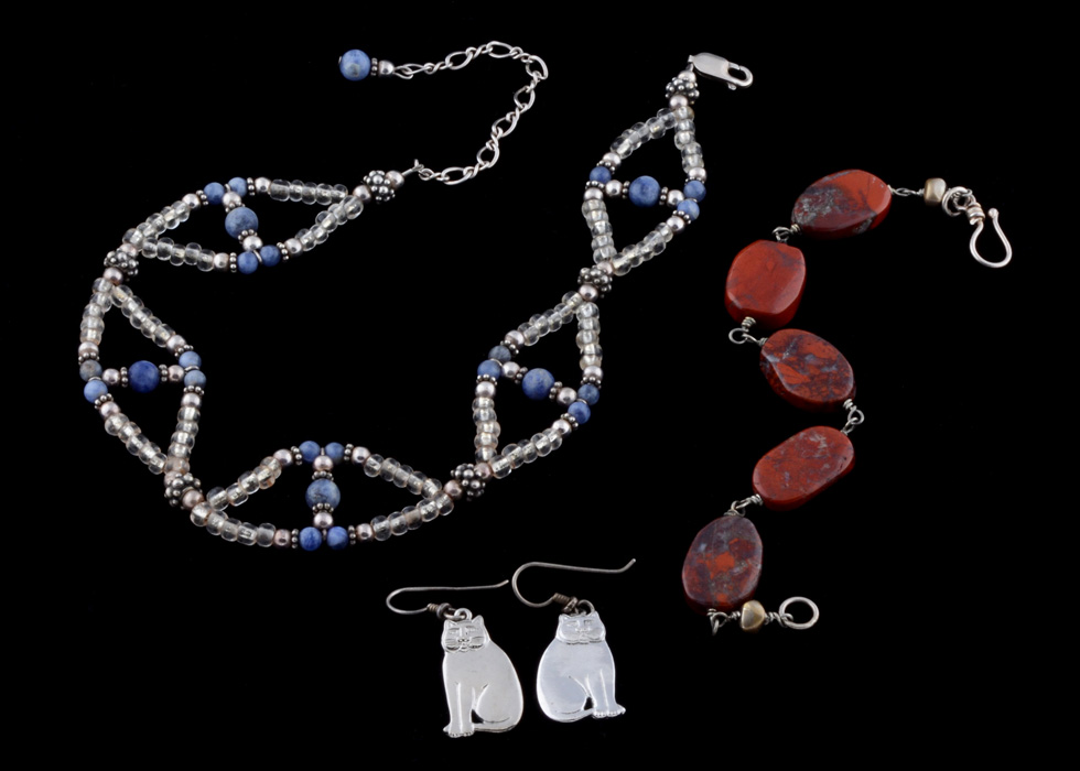 Sodalite Beaded Necklace, Red Jasper Earrings, and Laurel Burch