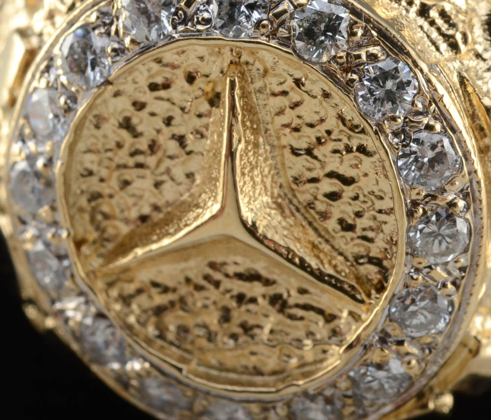 Men's 14K Yellow Gold Nugget and Diamond Mercedes Symbol Ring