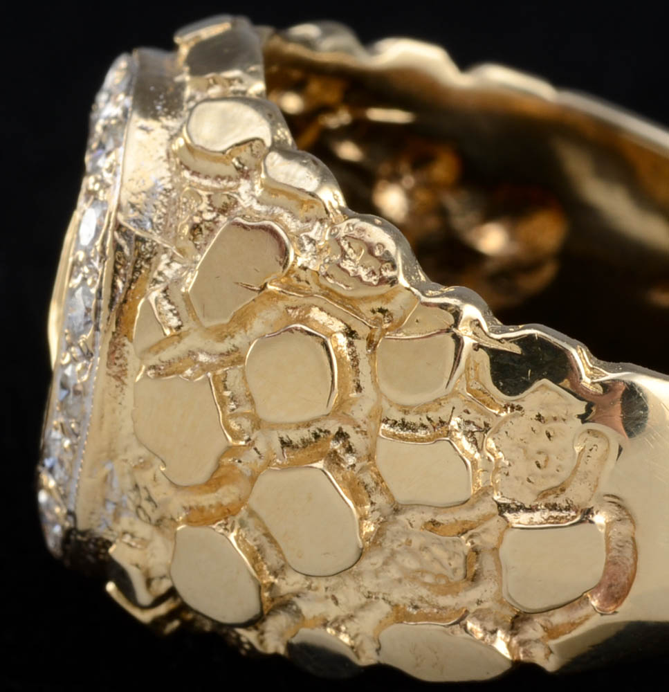 Men's 14K Yellow Gold Nugget and Diamond Mercedes Symbol Ring