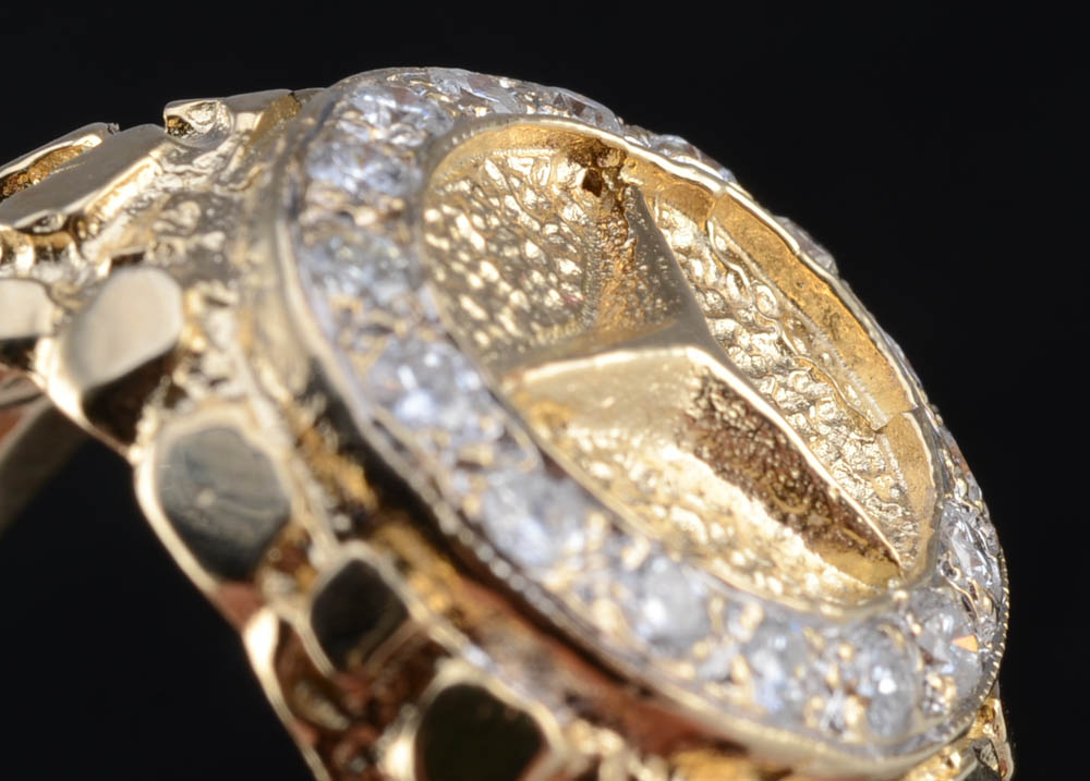 Men's 14K Yellow Gold Nugget and Diamond Mercedes Symbol Ring