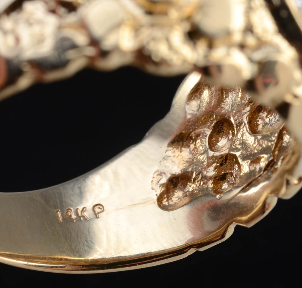 Men's 14K Yellow Gold Nugget and Diamond Mercedes Symbol Ring