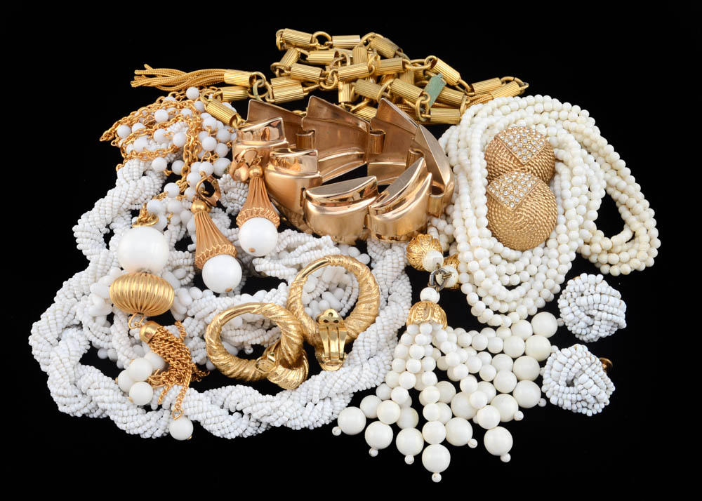 Gold Tone and White Bead Jewelry Including Hattie Carnegie