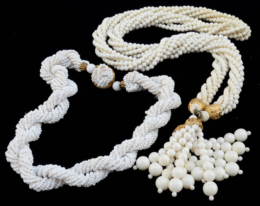 Gold Tone and White Bead Jewelry Including Hattie Carnegie