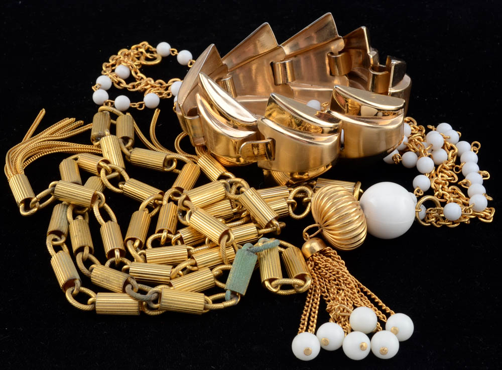Gold Tone and White Bead Jewelry Including Hattie Carnegie